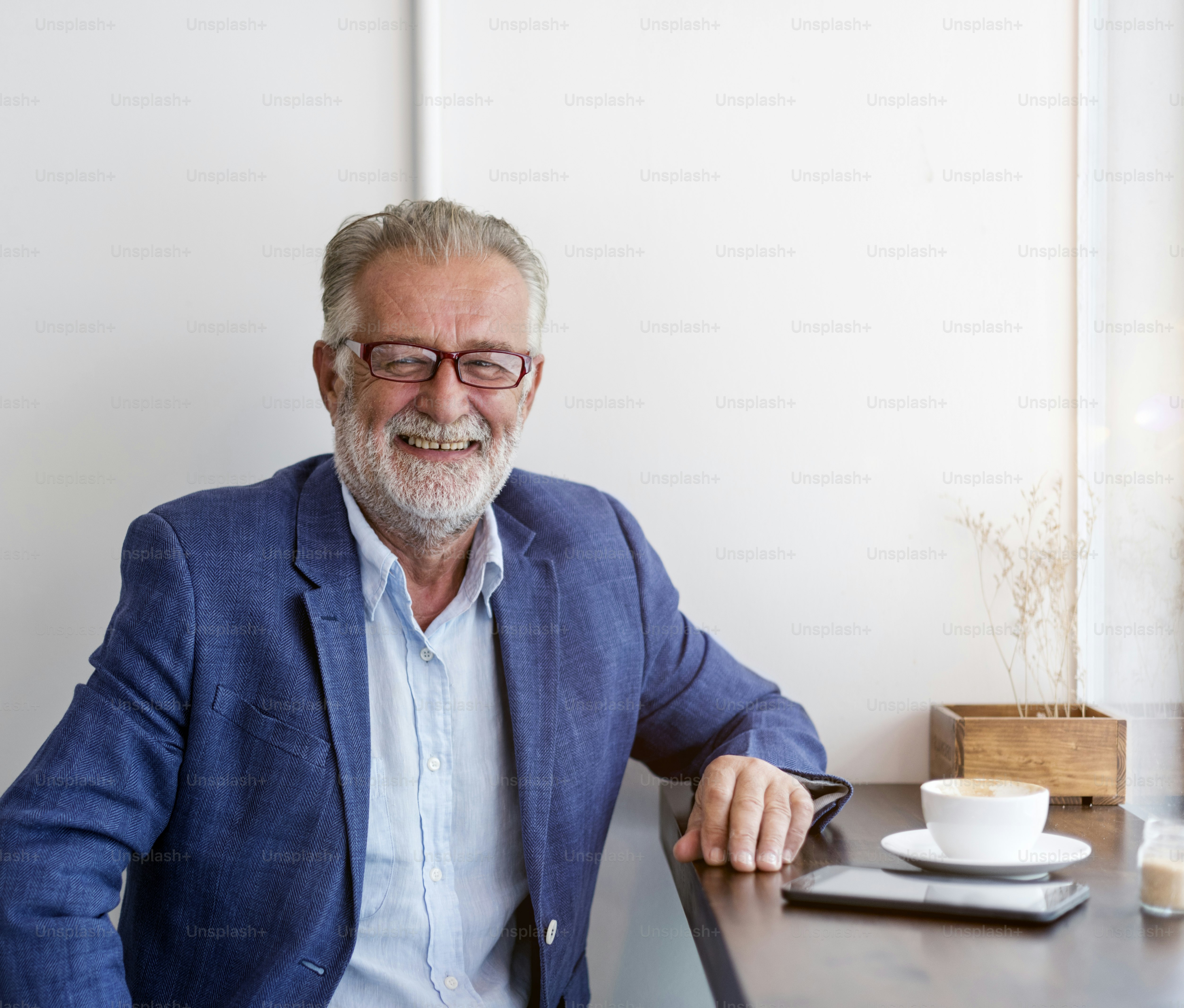 Senior Man Coffee Shop Communication Connection Technology Concept