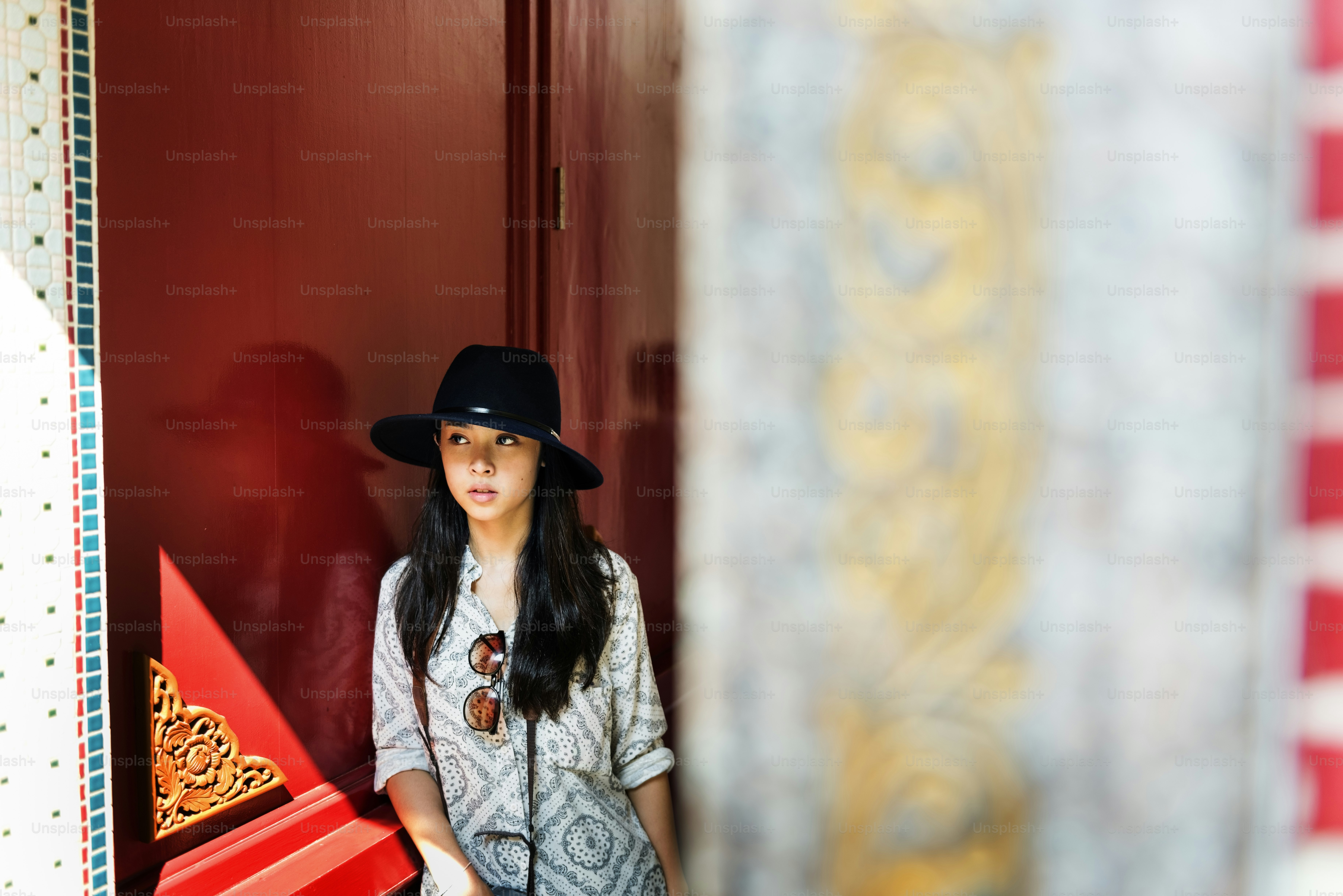 Asian Woman Travel Vacation Temple Relax Concept