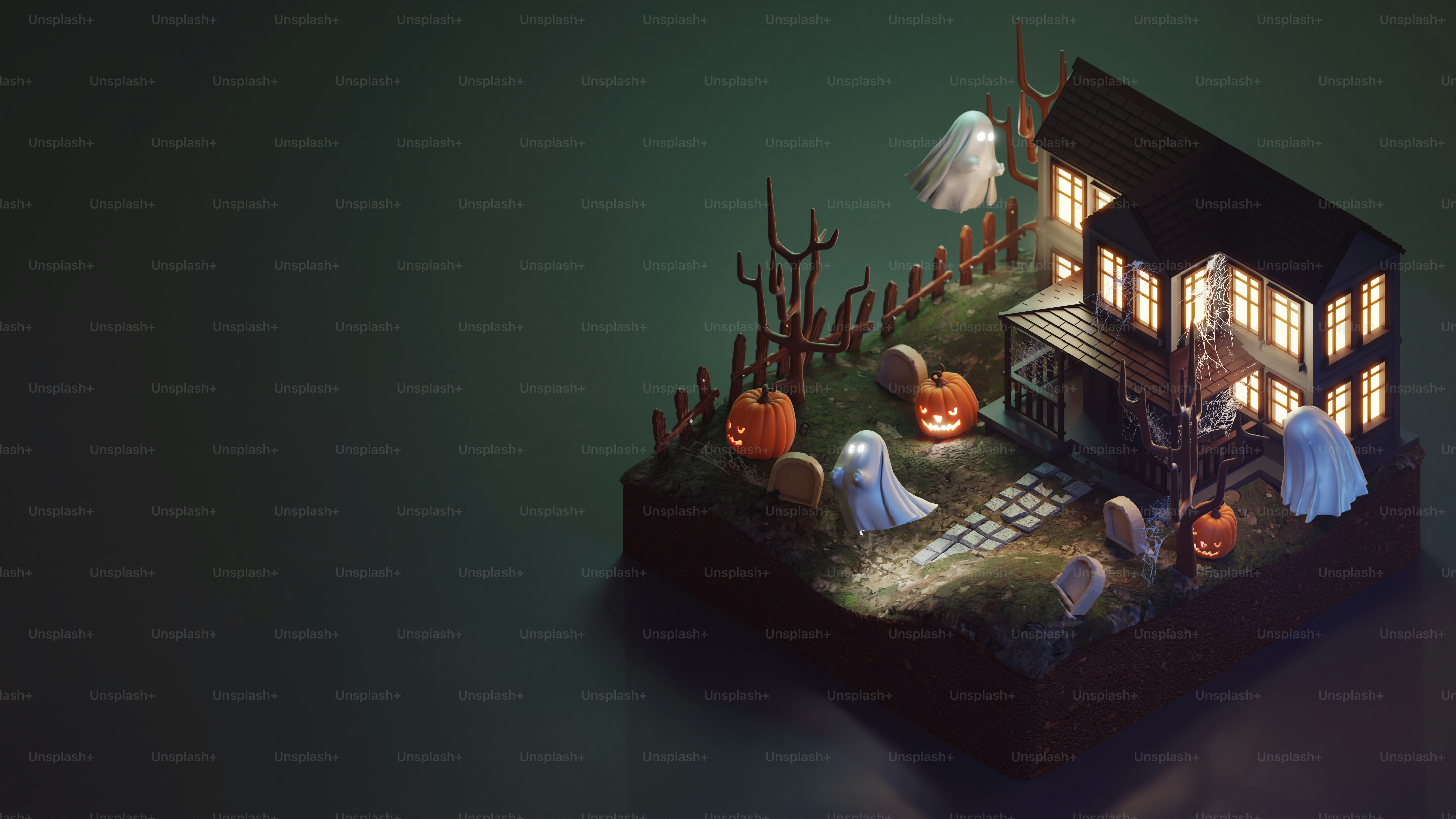 家と幽霊が登場するハロウィンのシーン