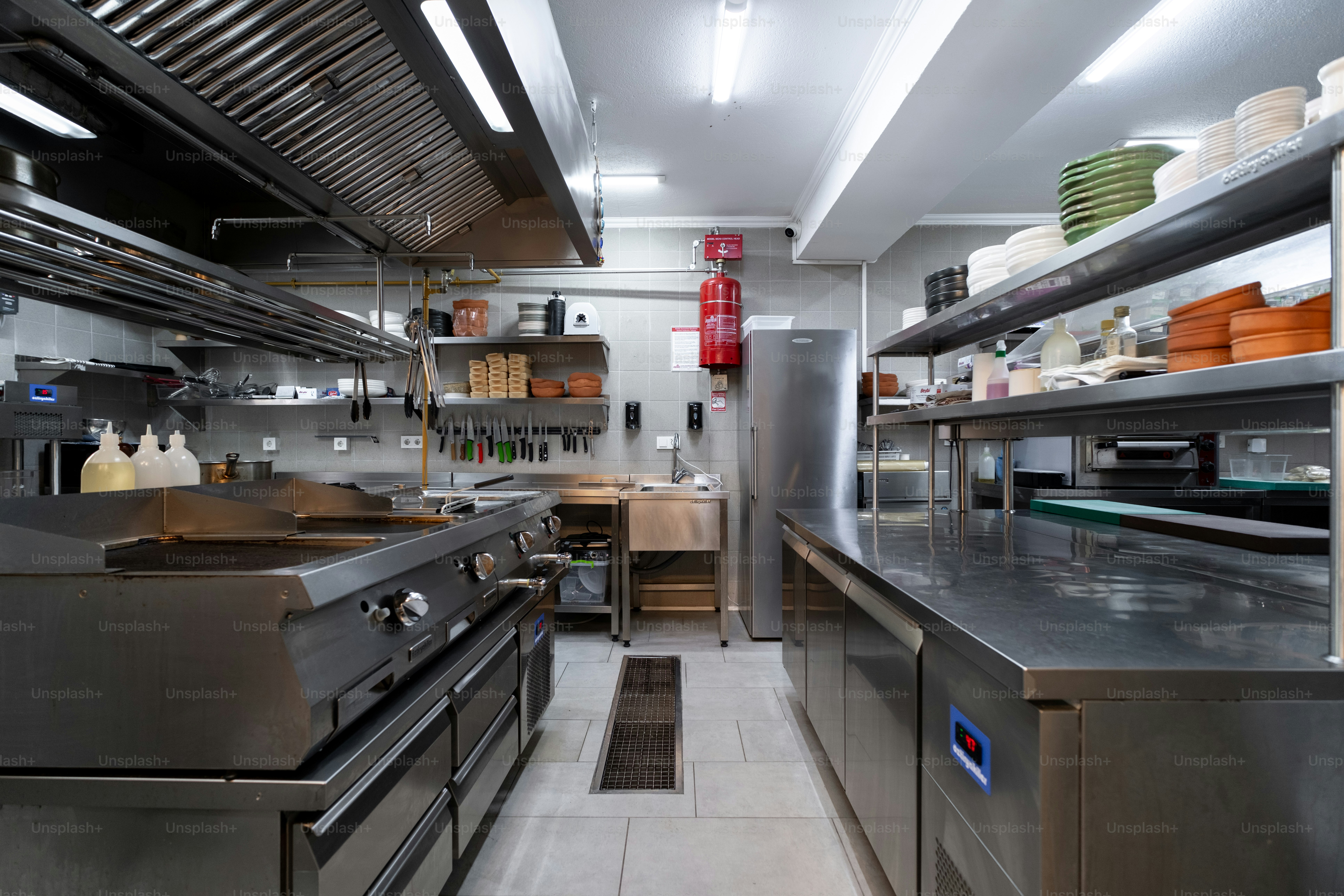A commercial kitchen with stainless steel appliances and counters
