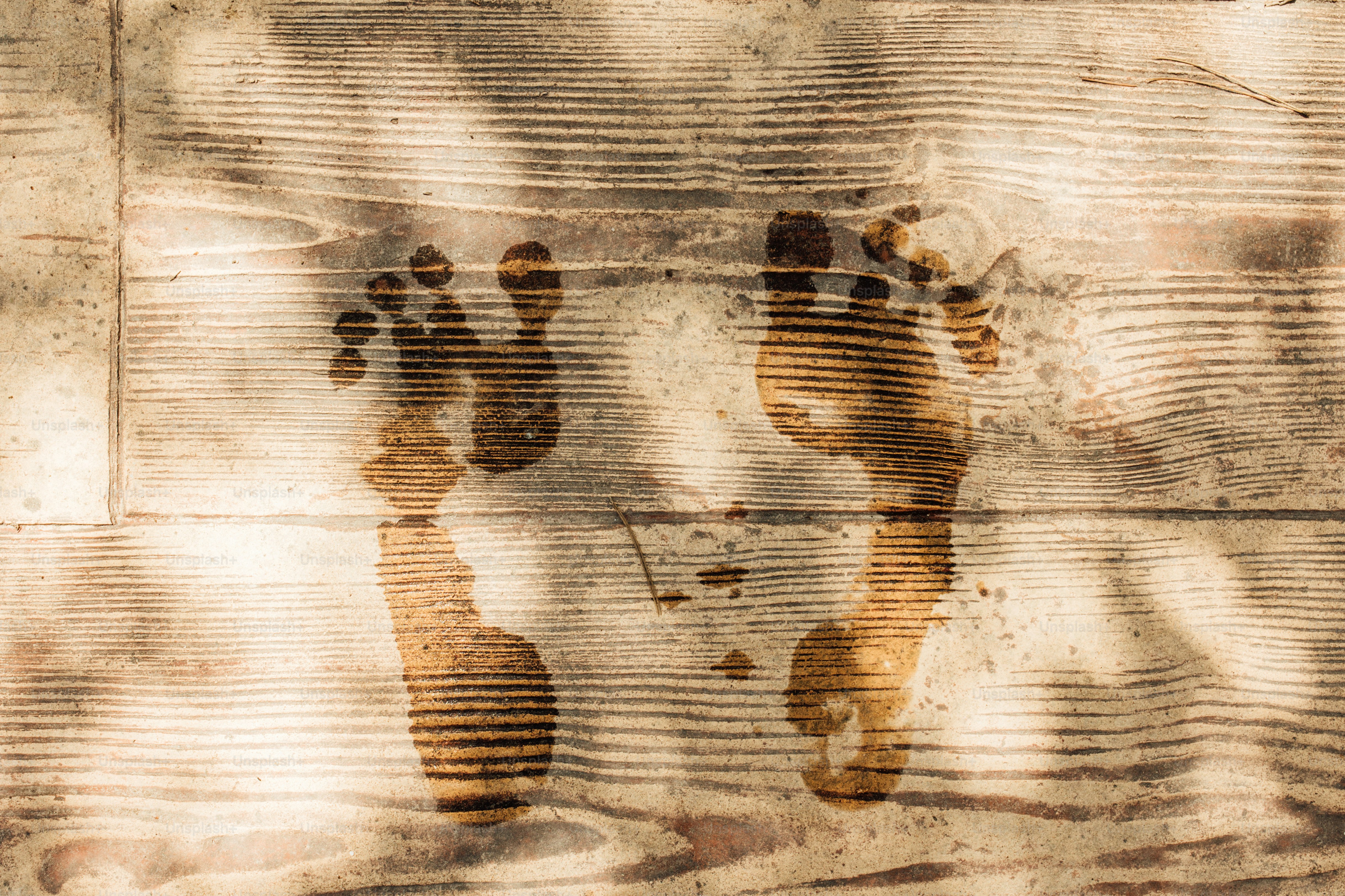 나무 널빤지에 찍힌 사람의 발자국 사진