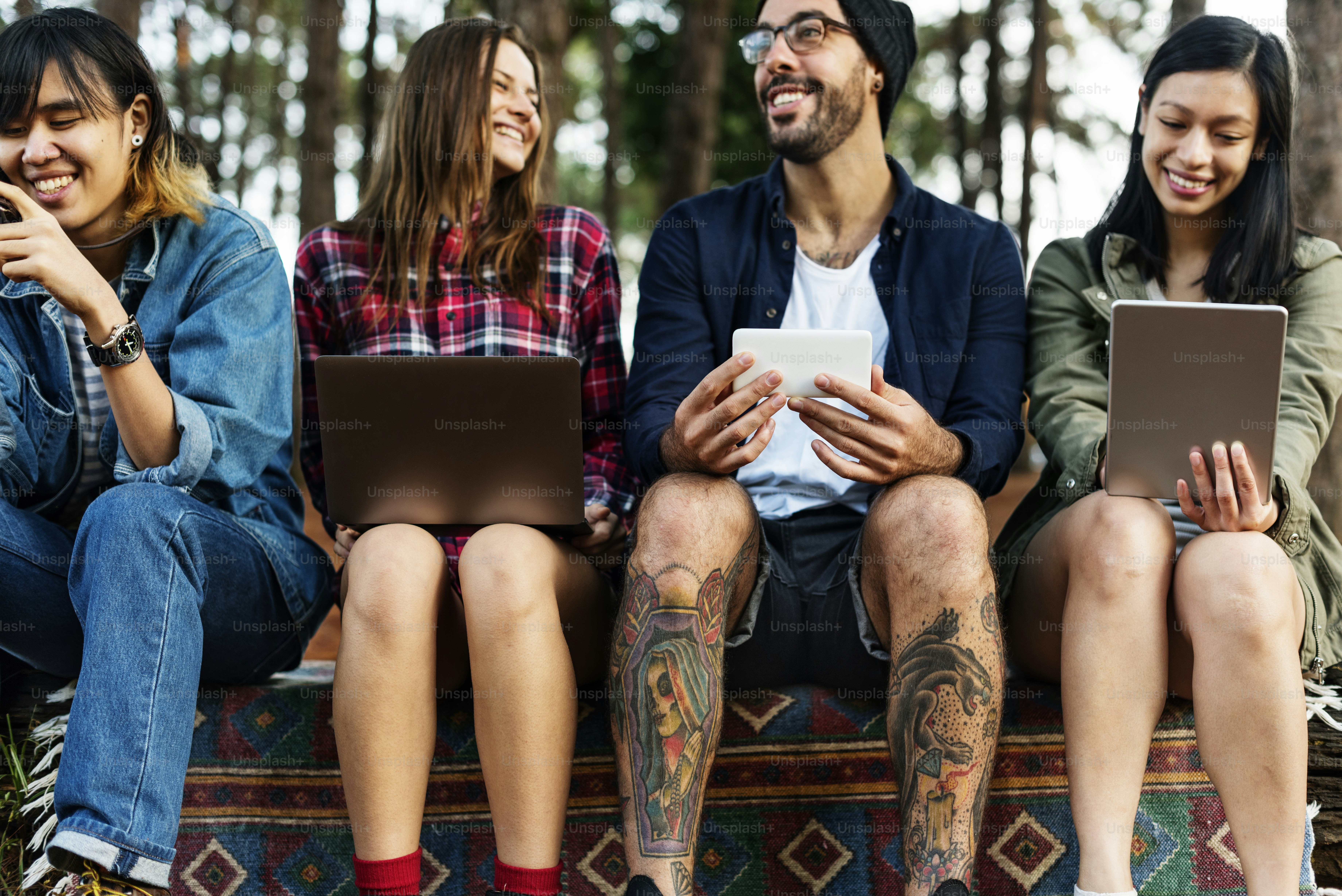 Friends Camping Outdoors Technology Concpt