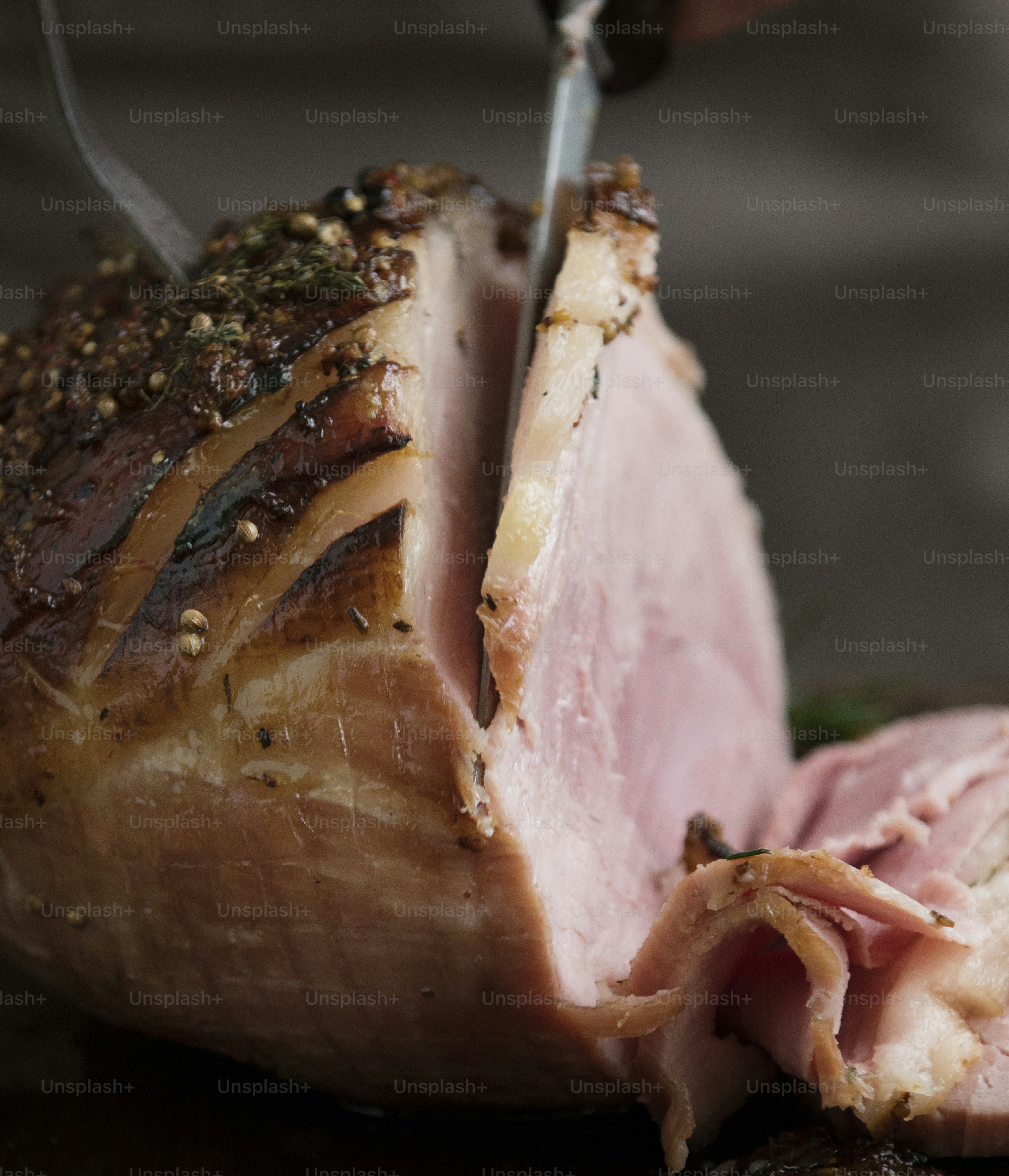 Slicing a baked ham food photography recipe idea
