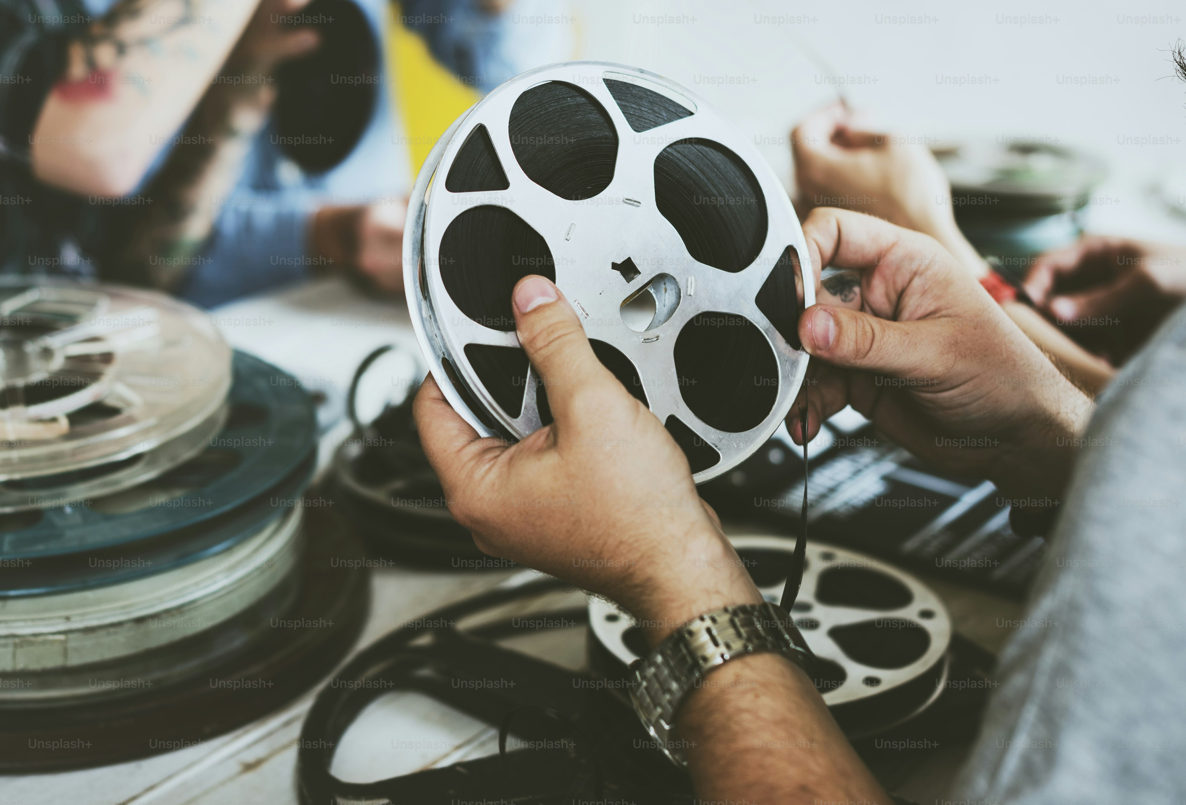 Vintage film strip isolated on wooden floor