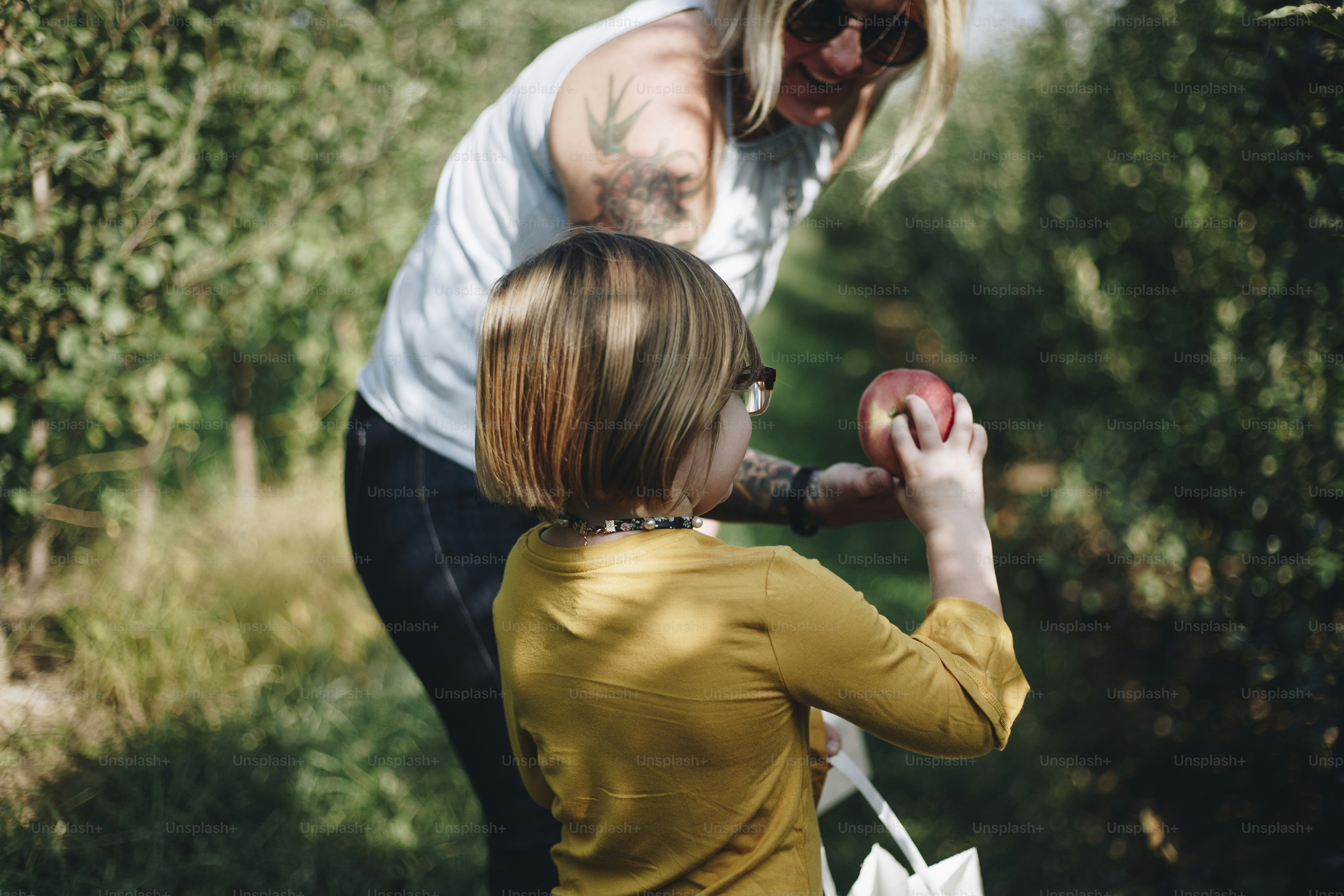 Mother and daughter picking some apples
