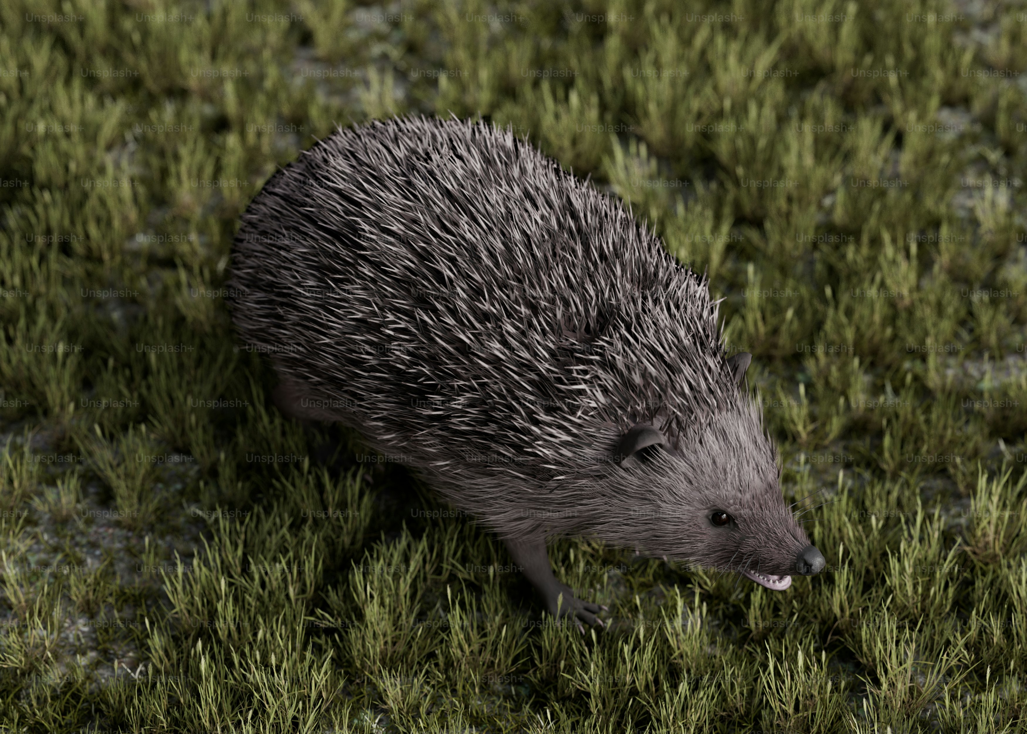 A hedgehog walking through a field of green grass