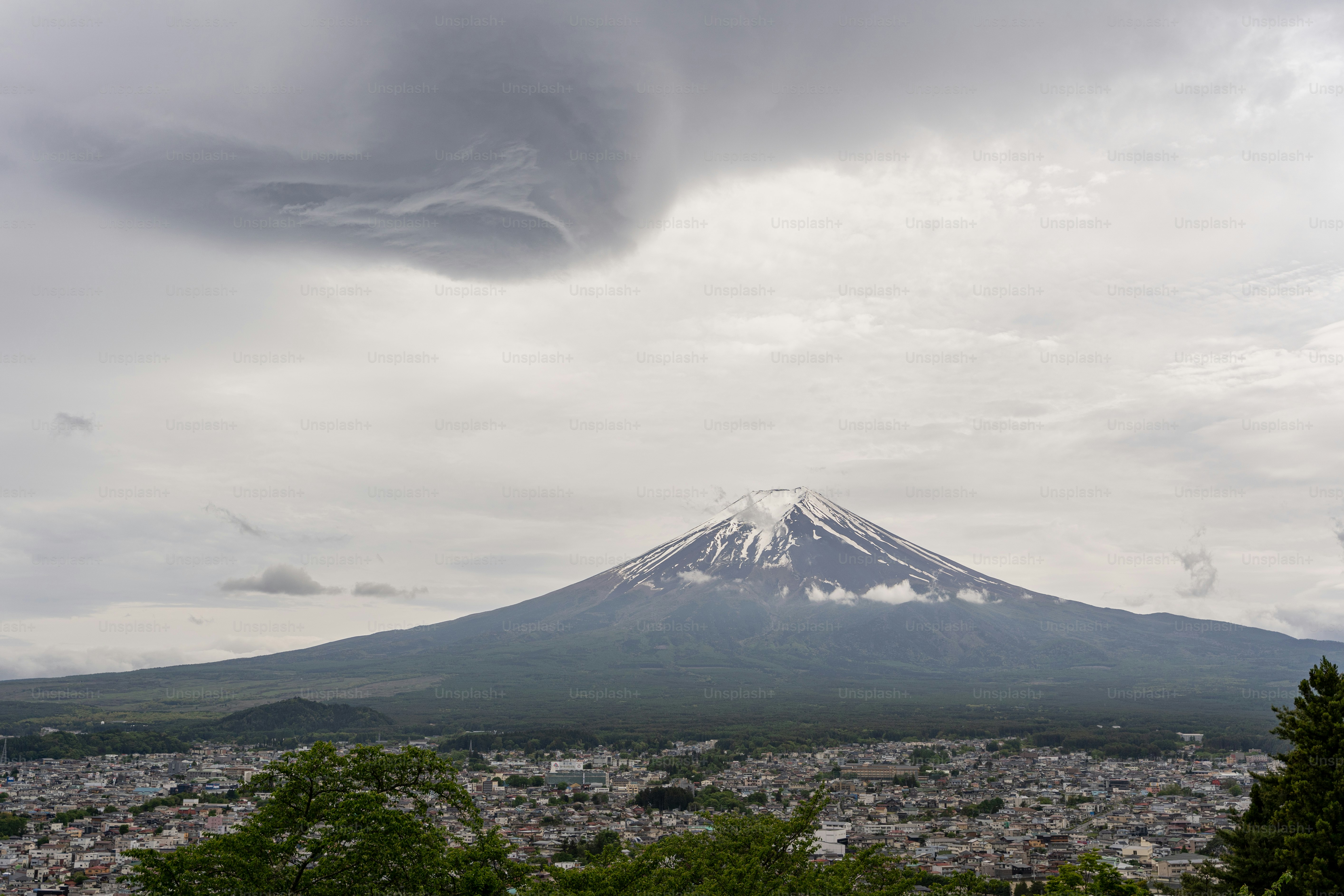 A view of a city with a mountain in the background