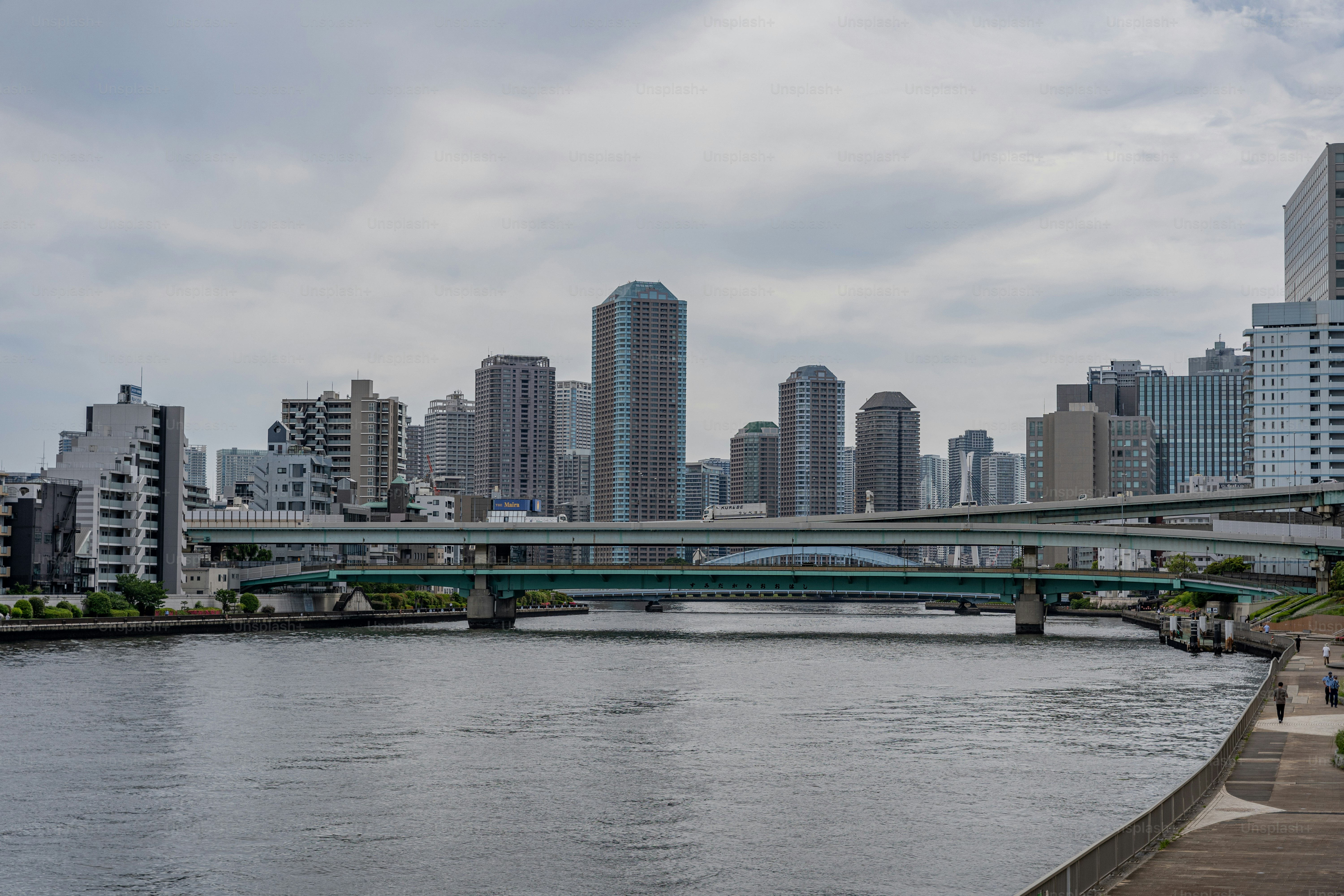 A bridge over a river with a city in the background