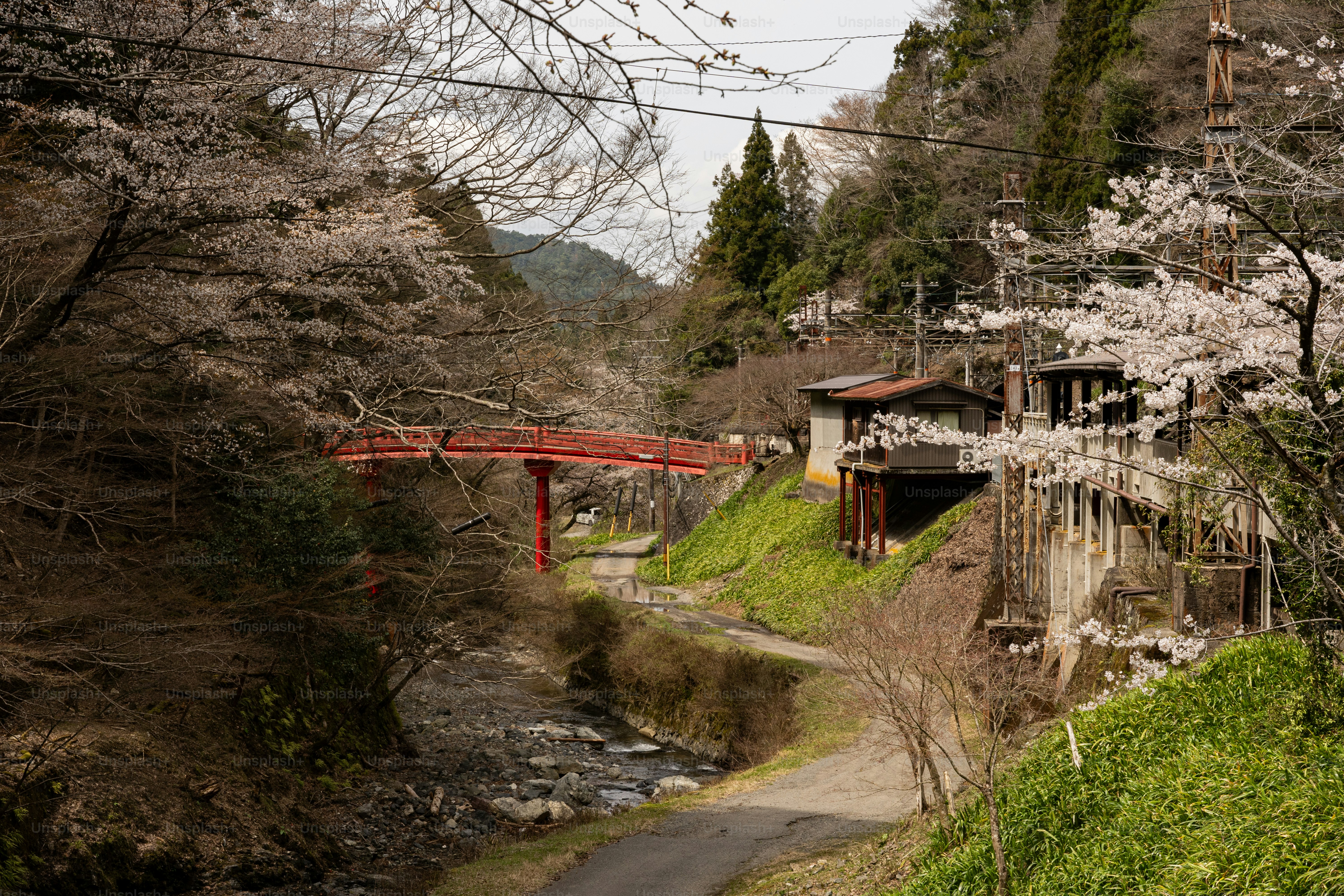 A bridge over a river next to a lush green hillside