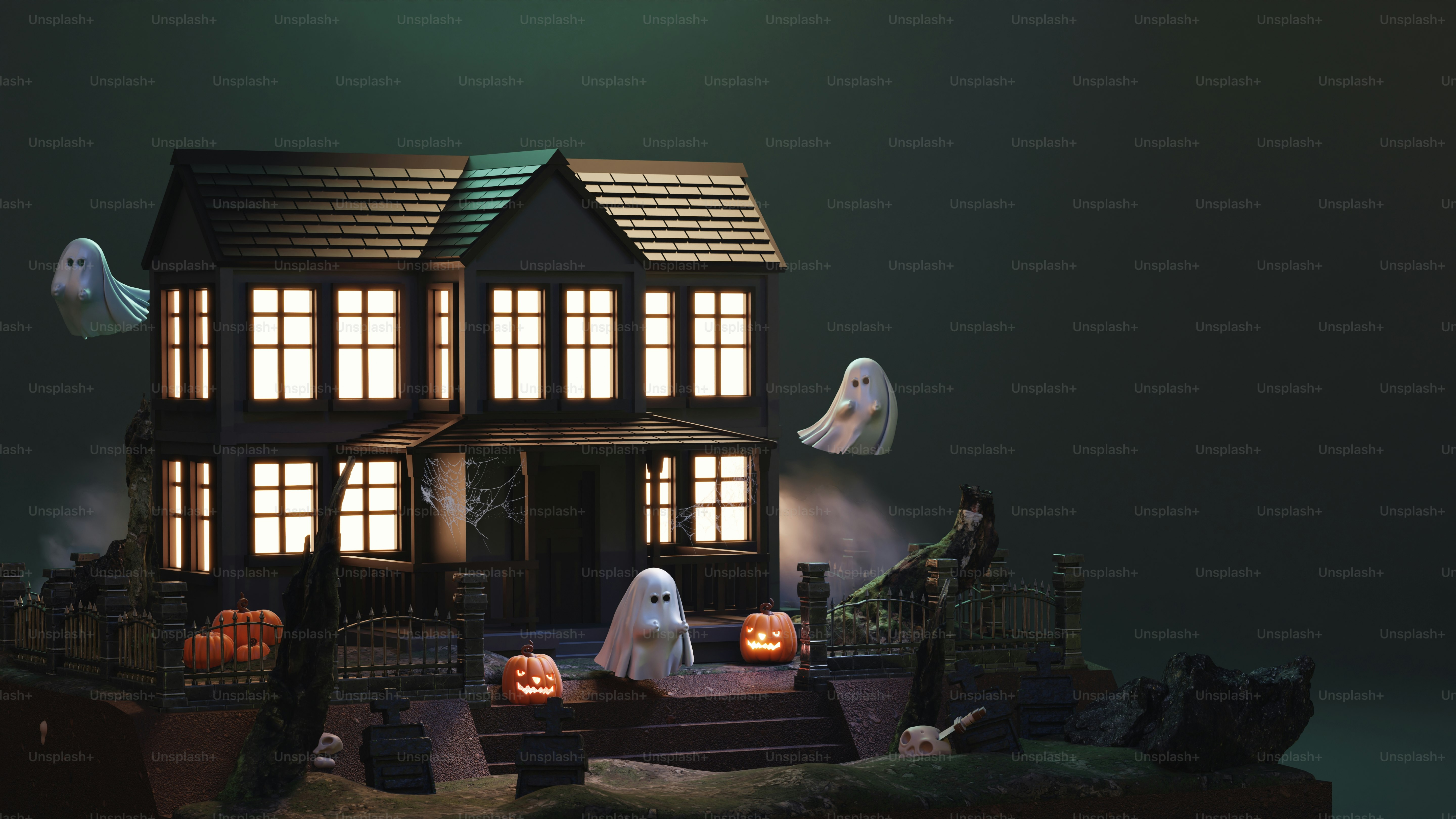 A halloween scene with a house and ghost