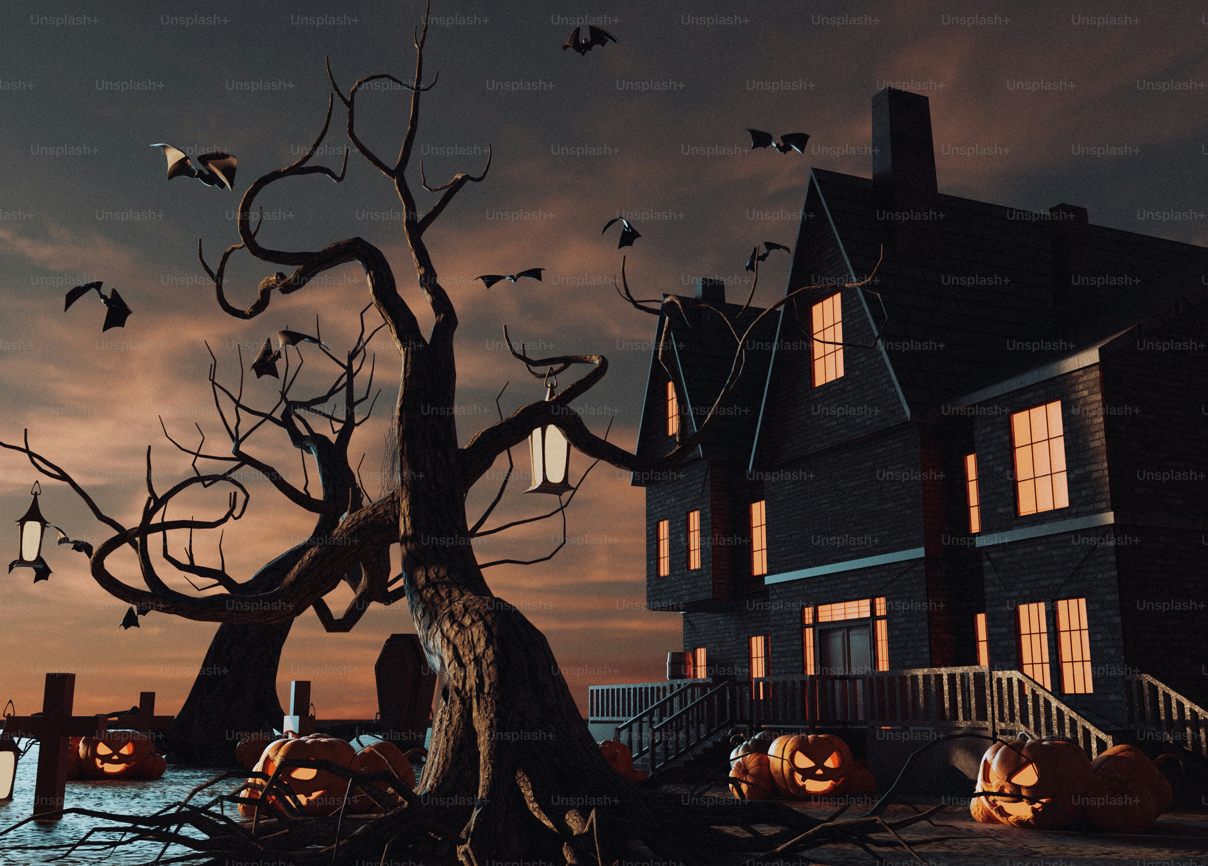 A halloween scene with pumpkins and a tree
