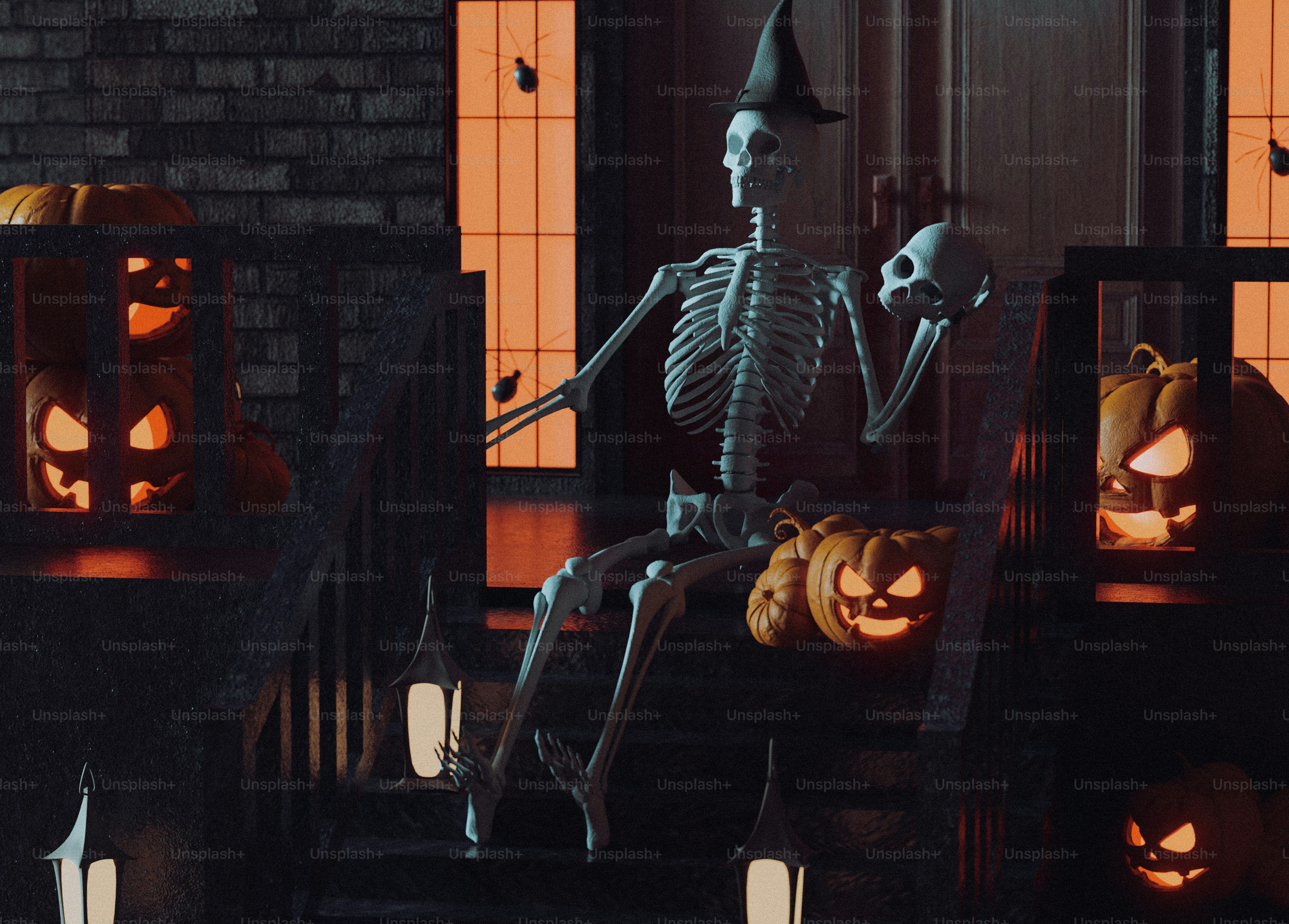 Uno scheletro seduto su una rampa di scale decorate per halloween