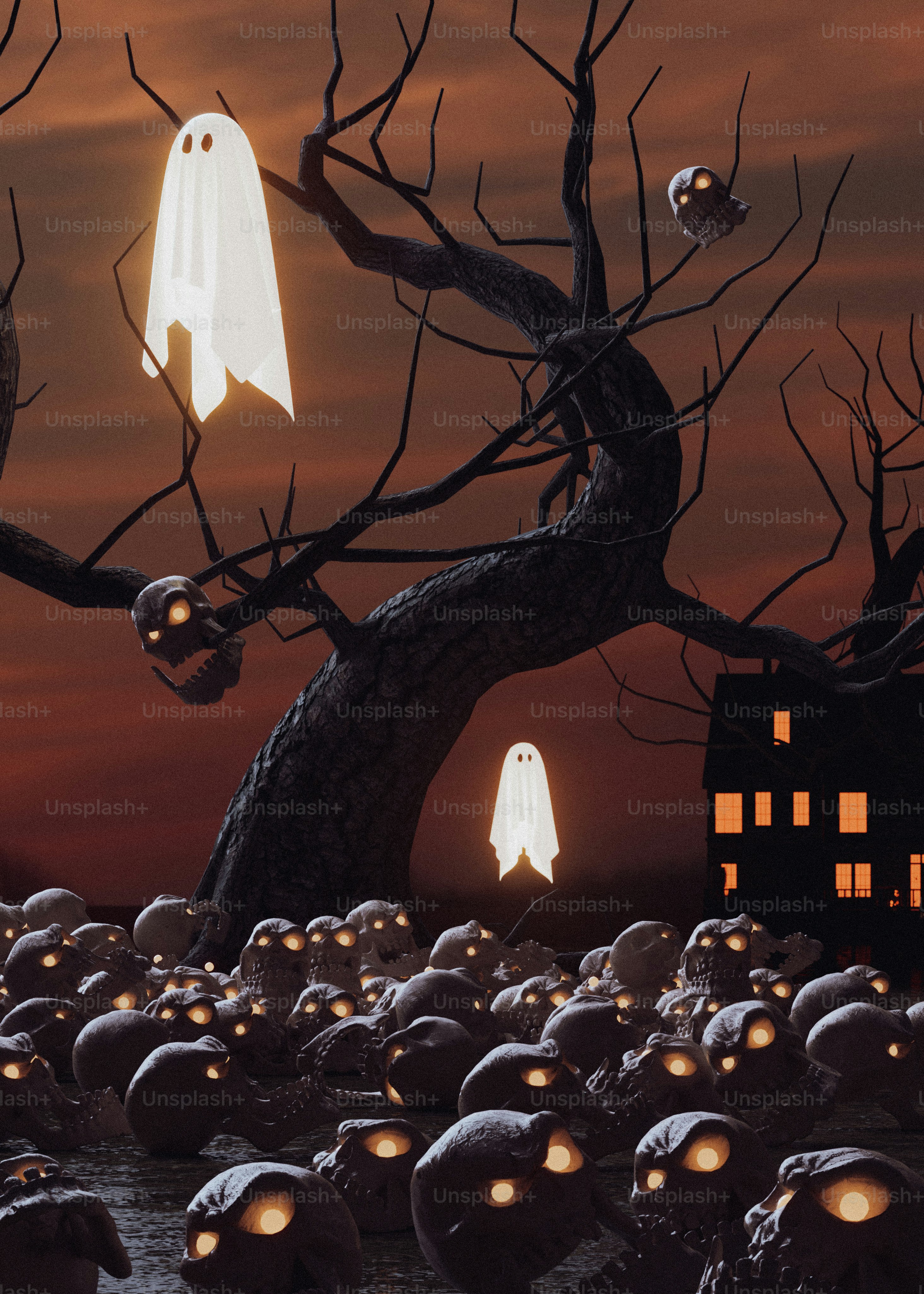 Un gruppo di zucche di halloween in un campo con una casa sullo sfondo