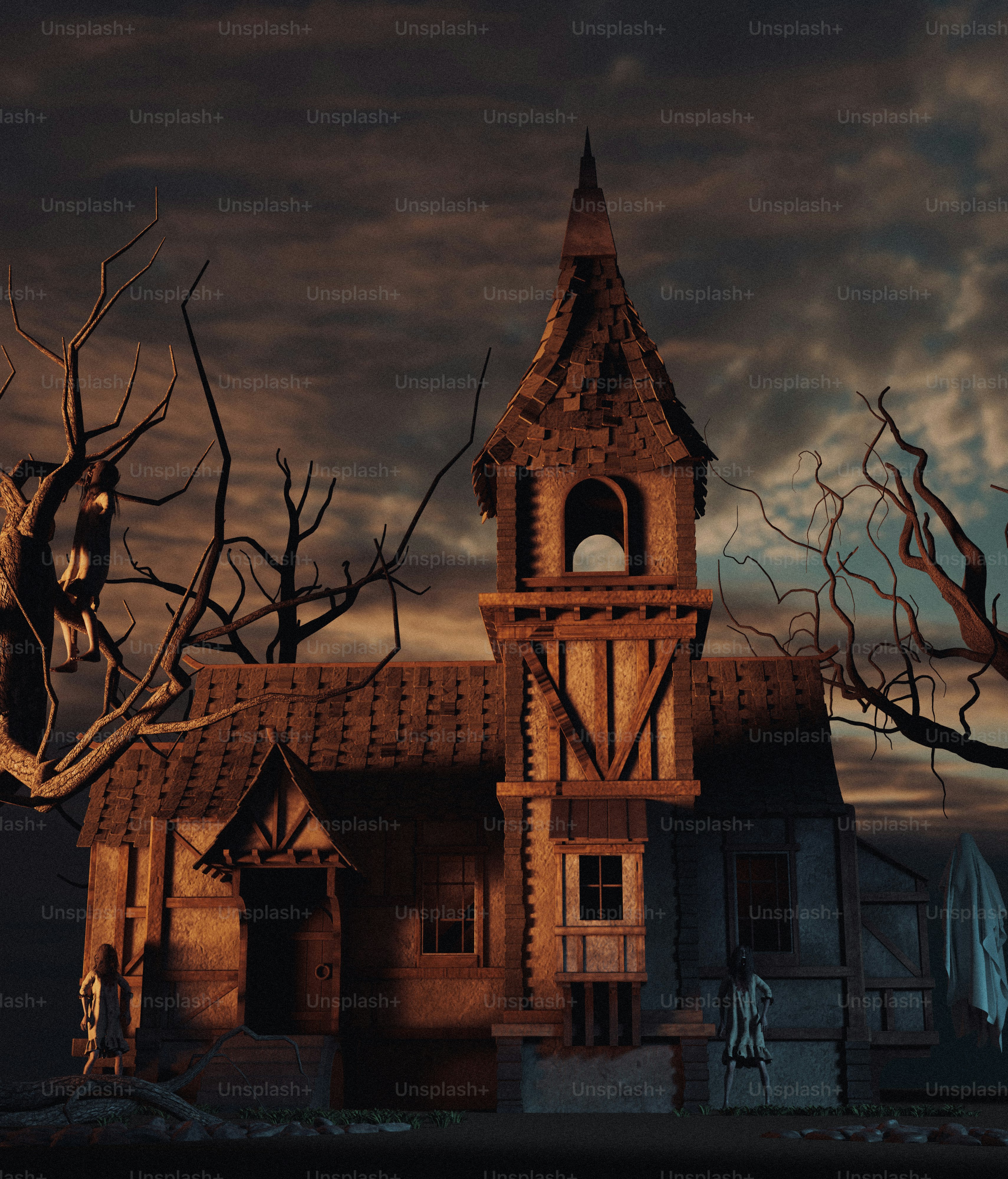 Una vecchia casa spettrale con un albero spettrale di fronte