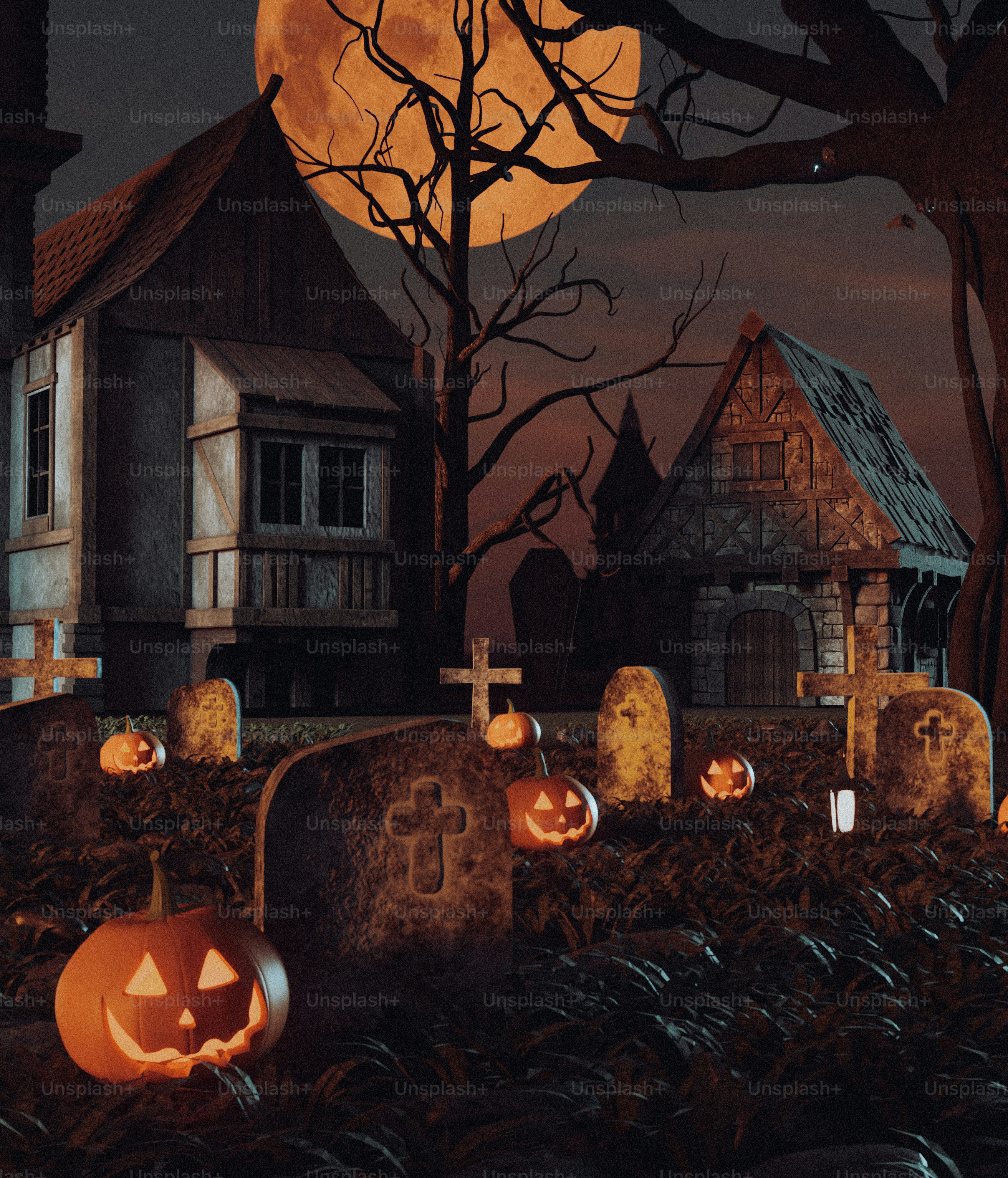 Un cimitero con zucche intagliate davanti a una luna piena