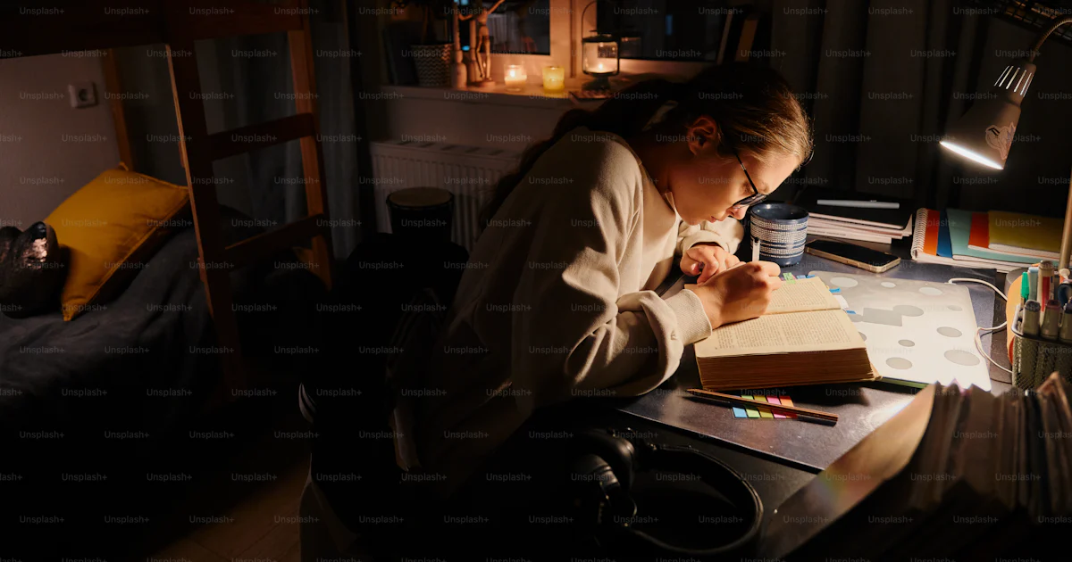 A person sitting at a desk writing in a book photo – Student Image on ...