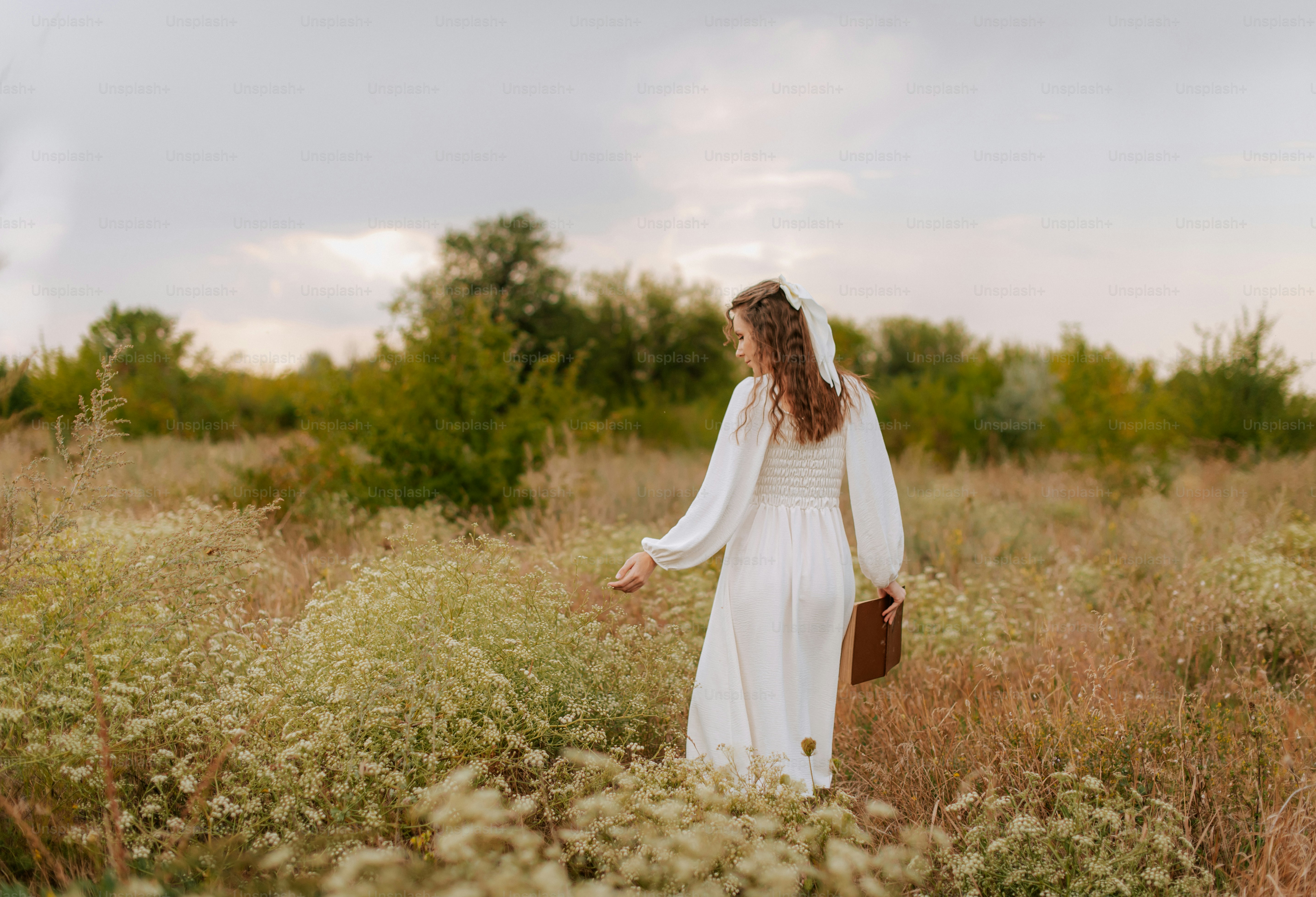 A woman in a white dress standing in a field of sunflowers photo ...