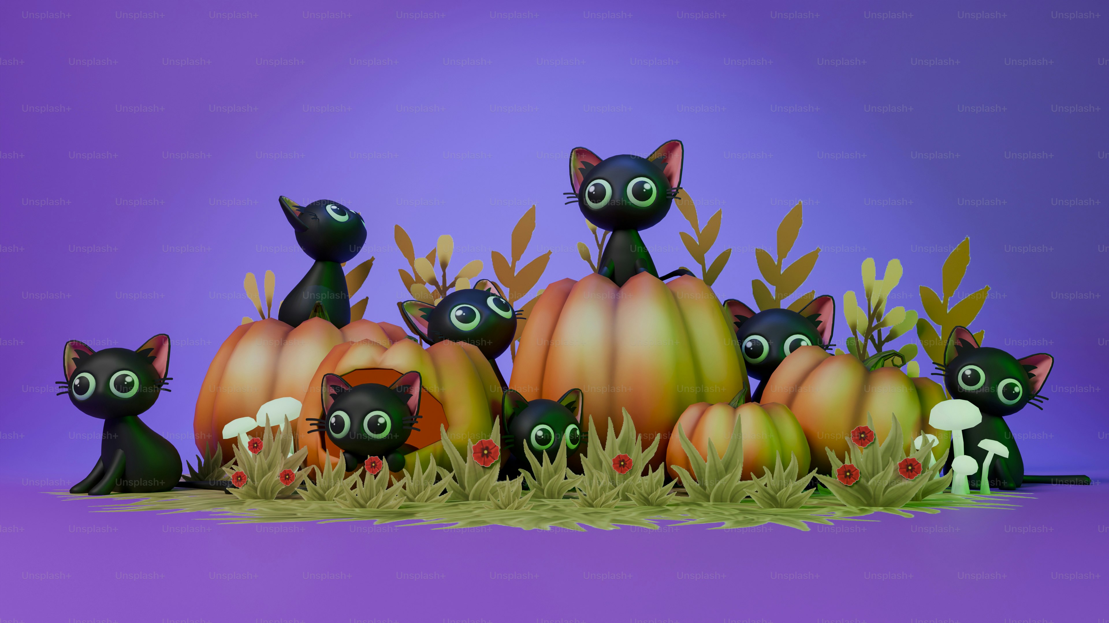 A group of black cats sitting on top of a pile of pumpkins