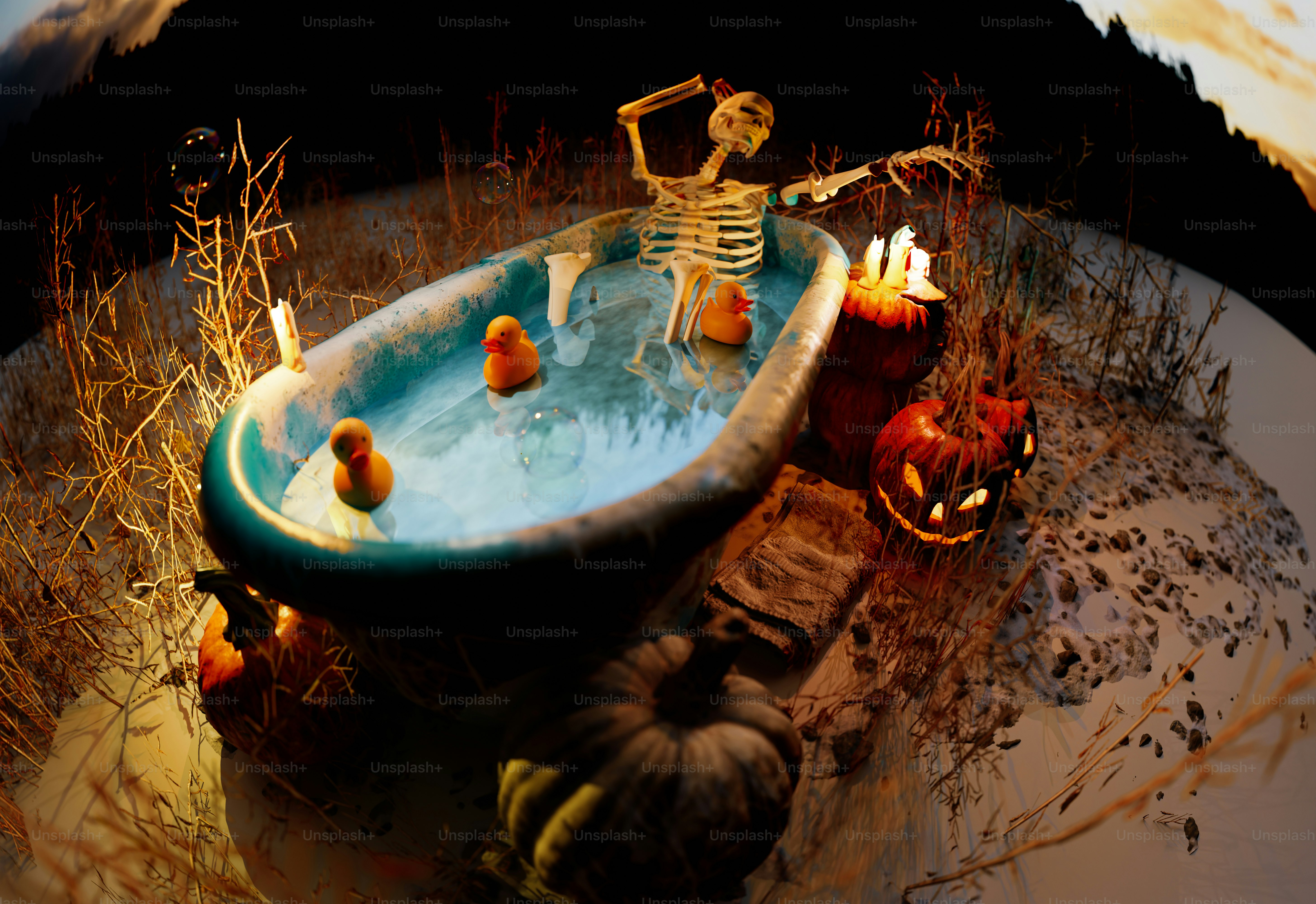 Une baignoire remplie de bougies posée sur une table