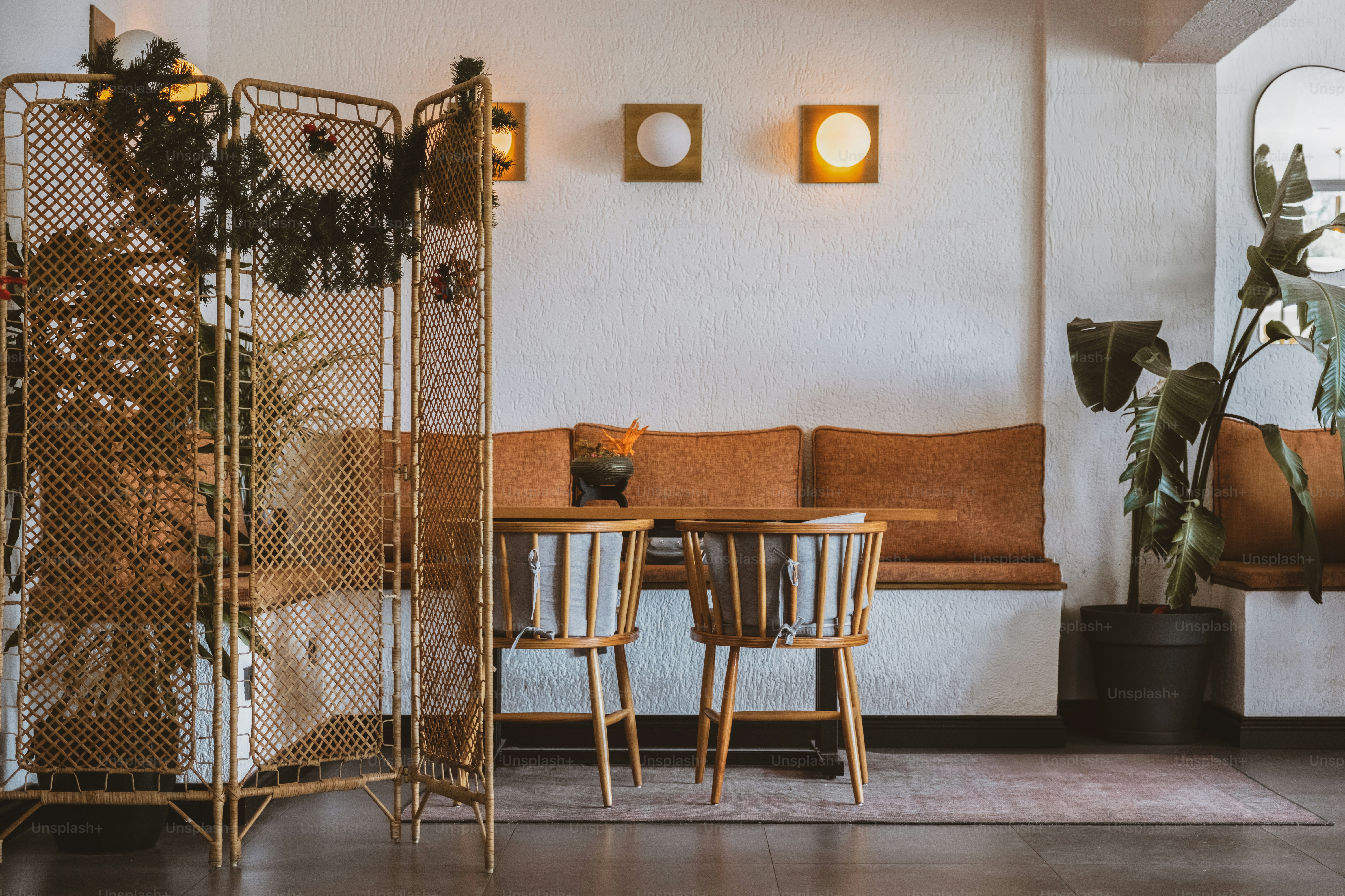 A living room with a couch and a table