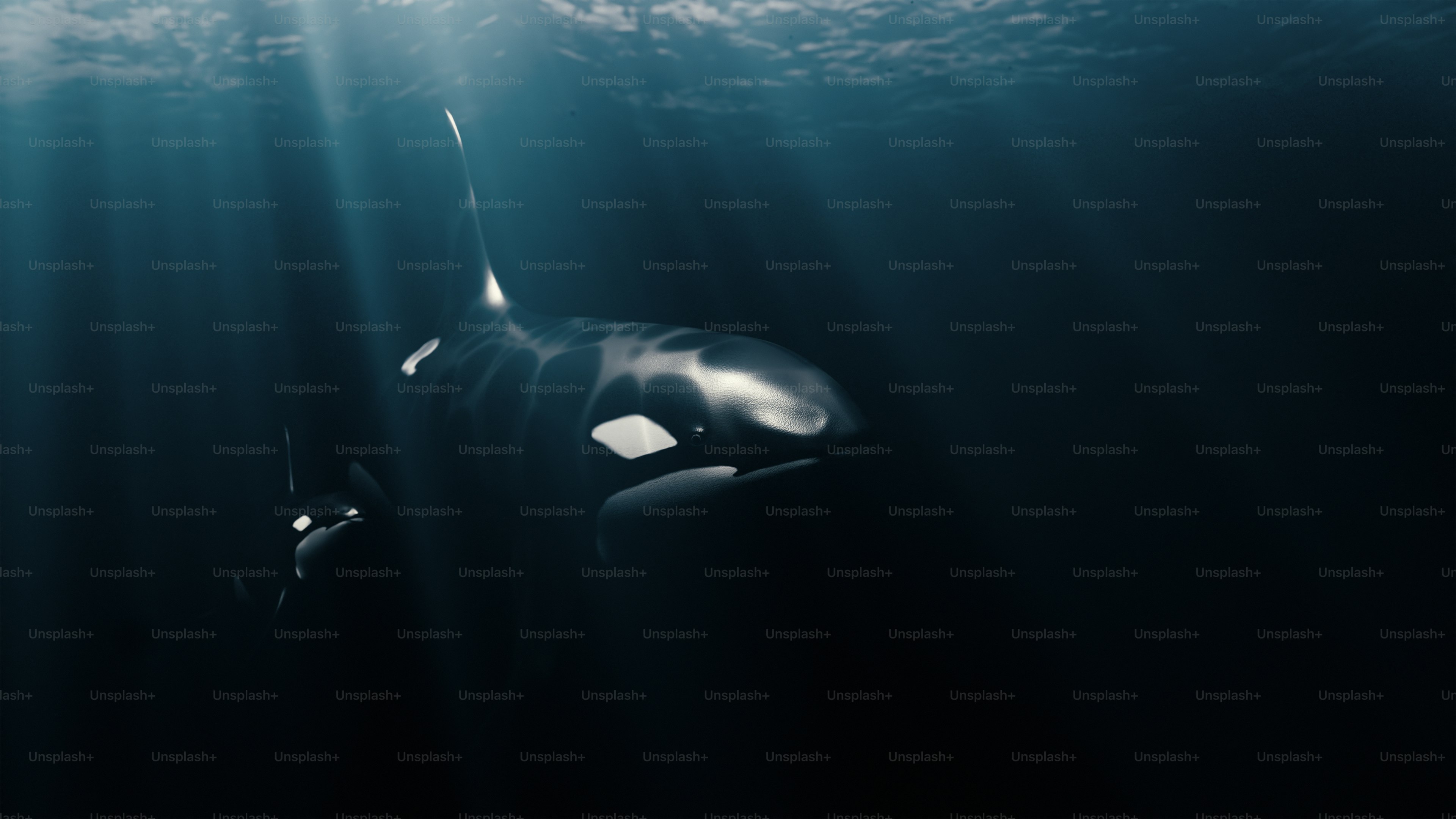 A whale swimming in the ocean under the sun