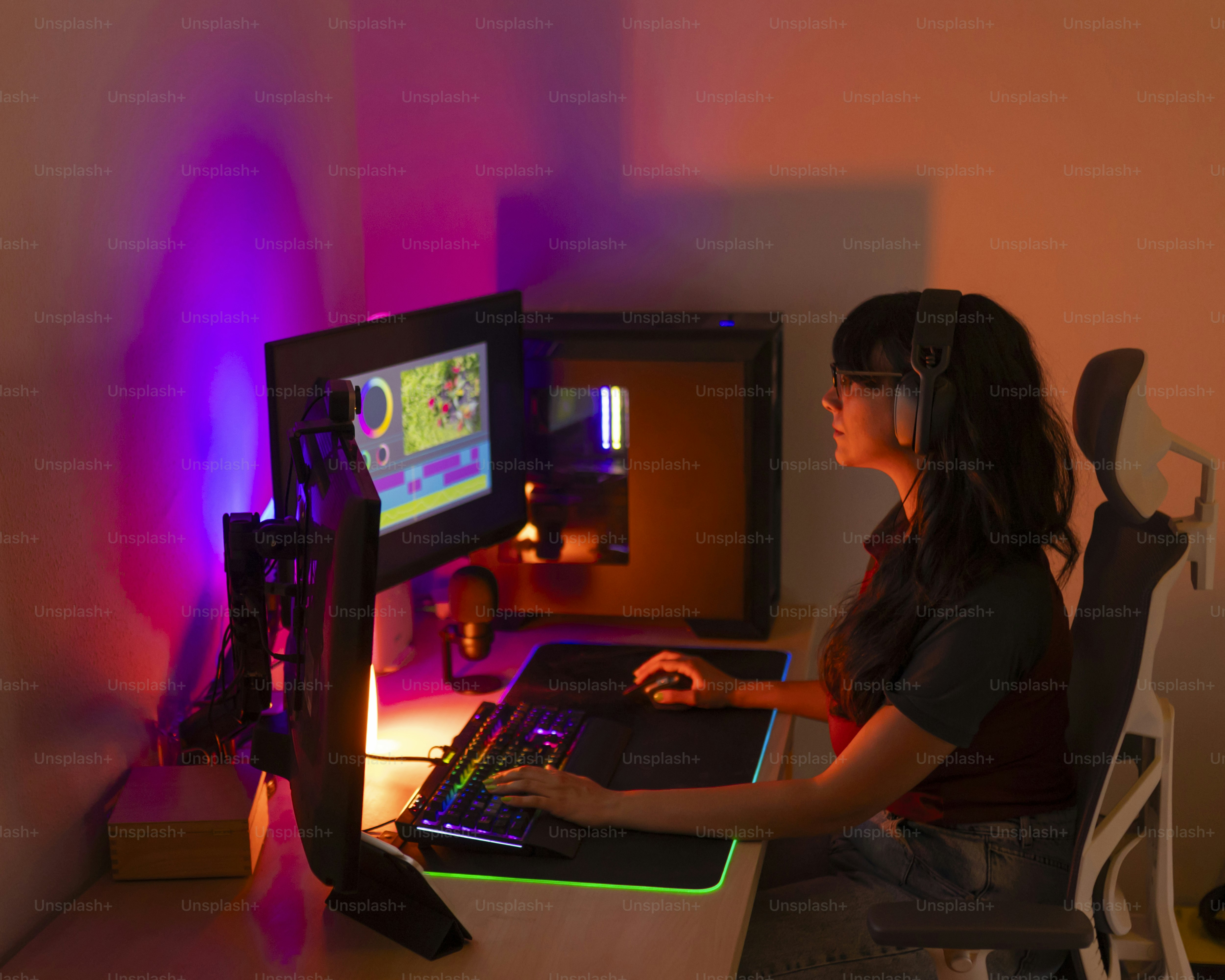 A woman sitting at a desk with a computer