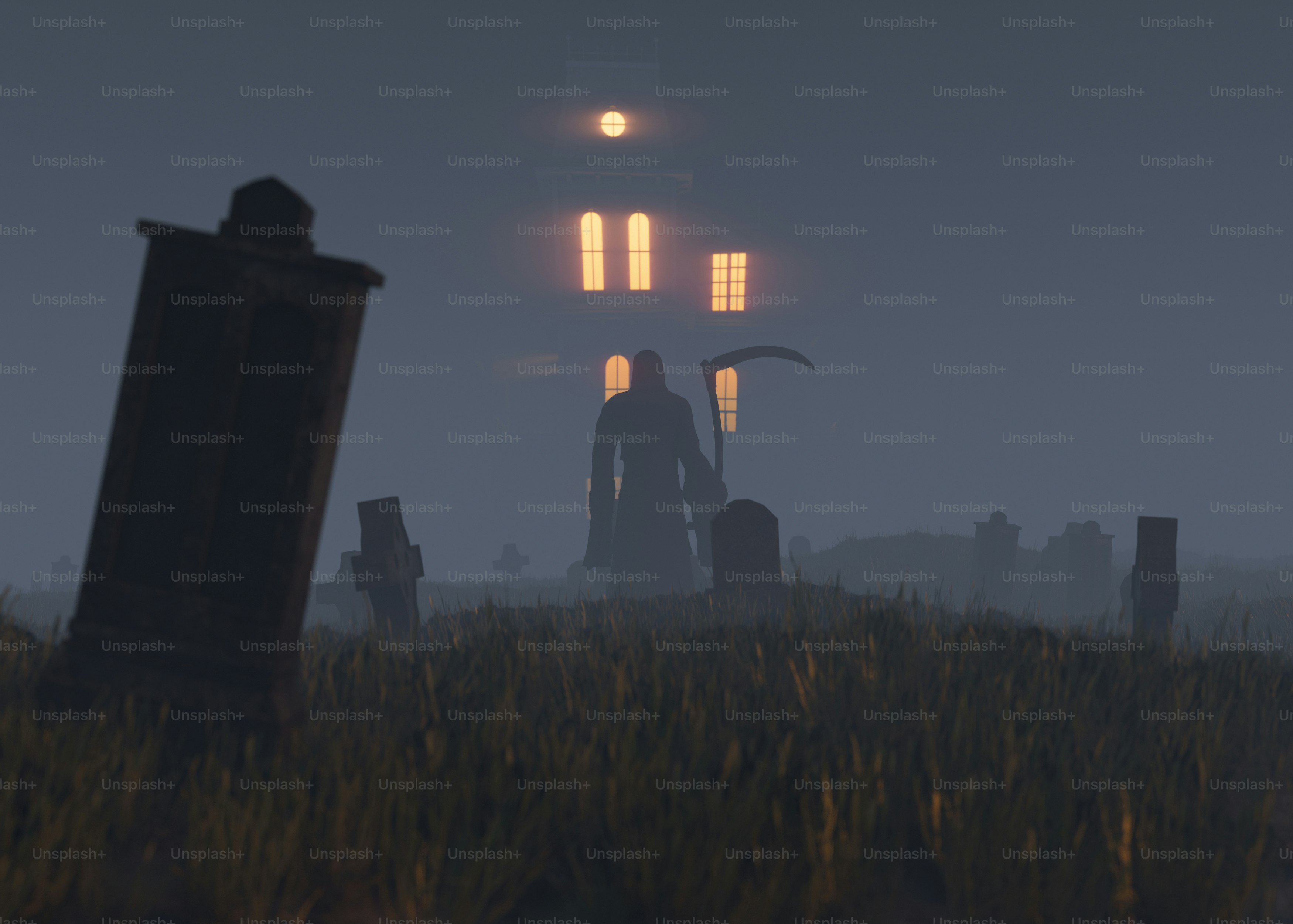 A computer generated image of a graveyard at night