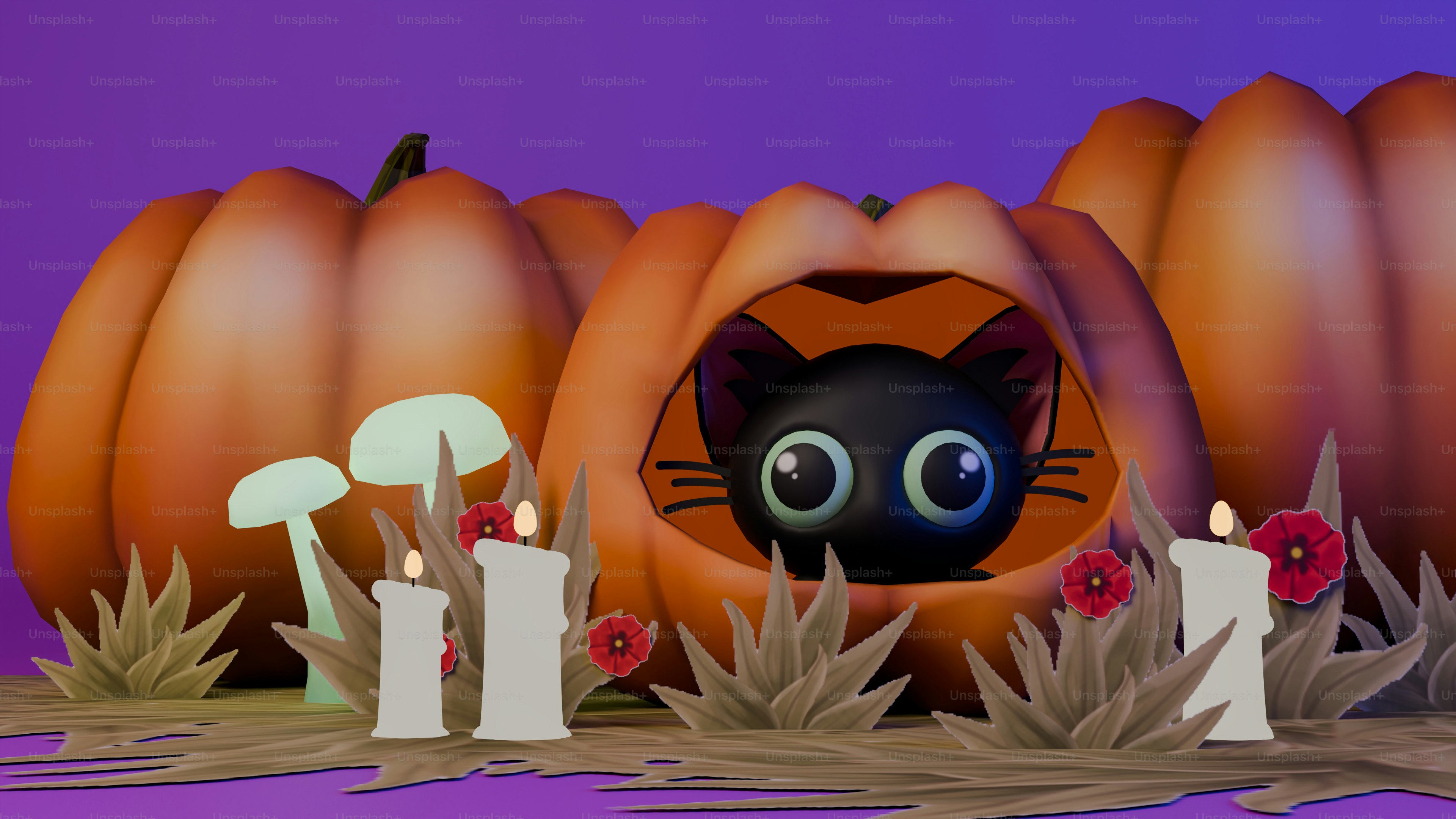 A halloween scene with a cat in a pumpkin