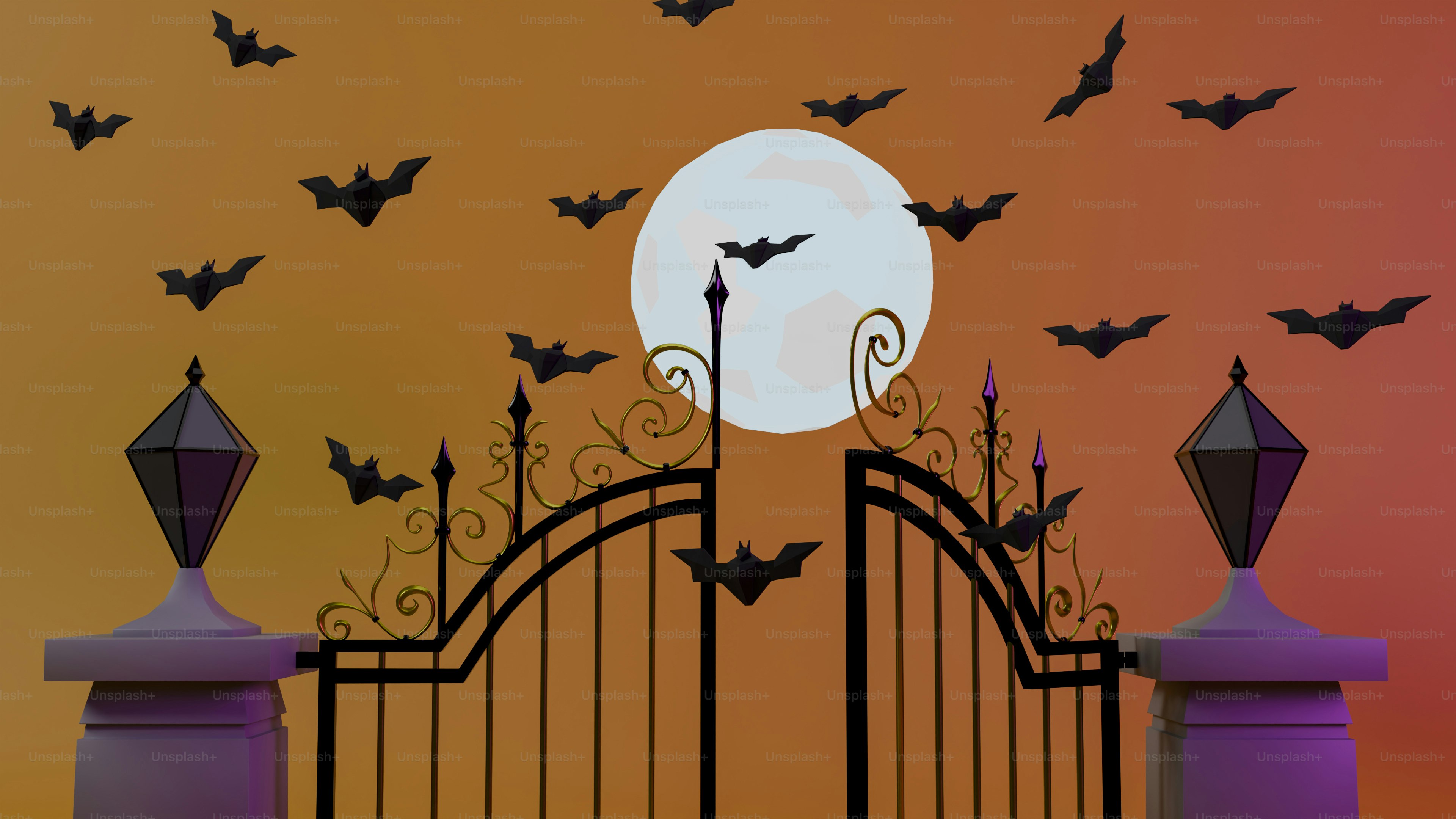 A gate with bats flying over it and a full moon in the background