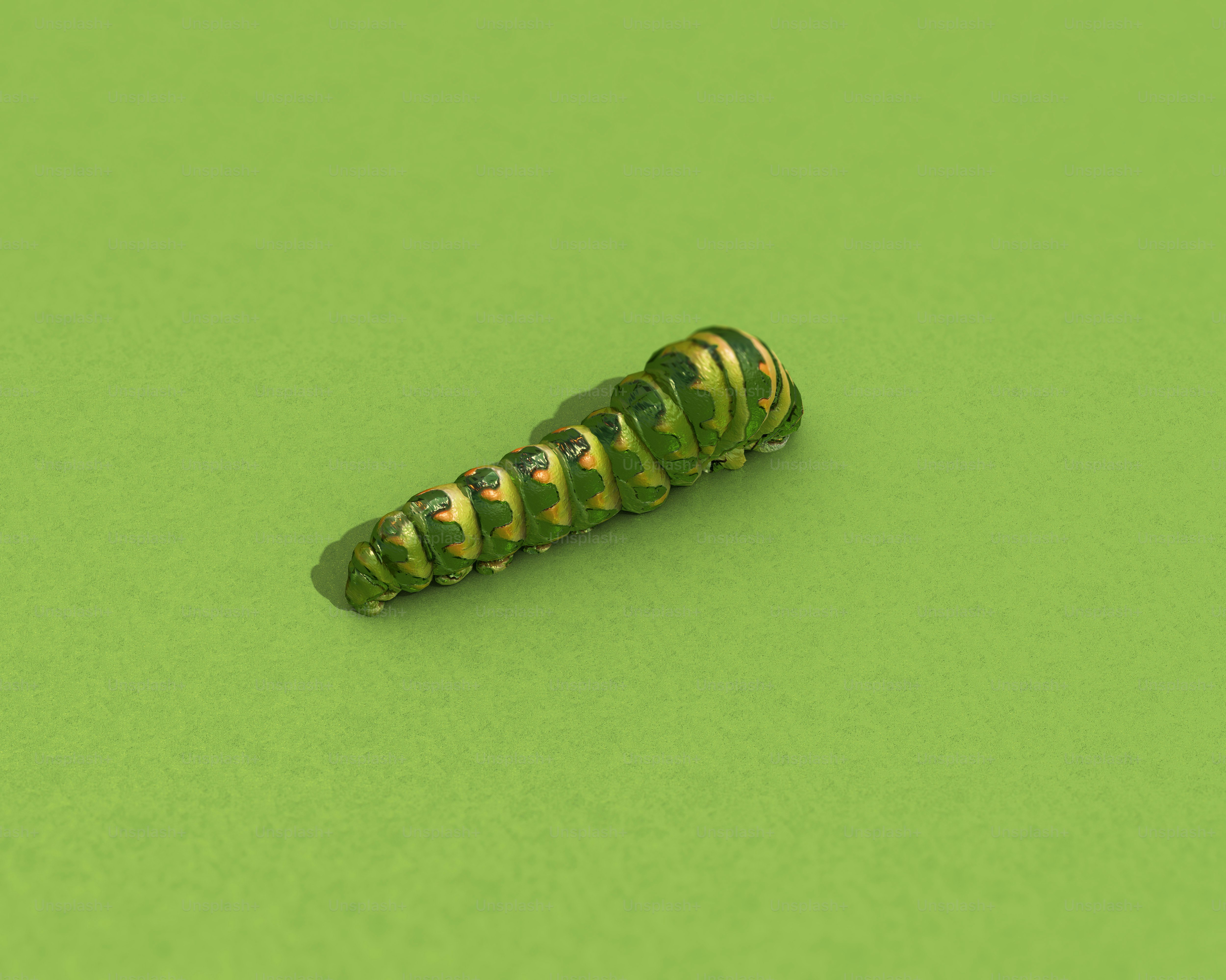 A green caterpillar sitting on top of a green surface