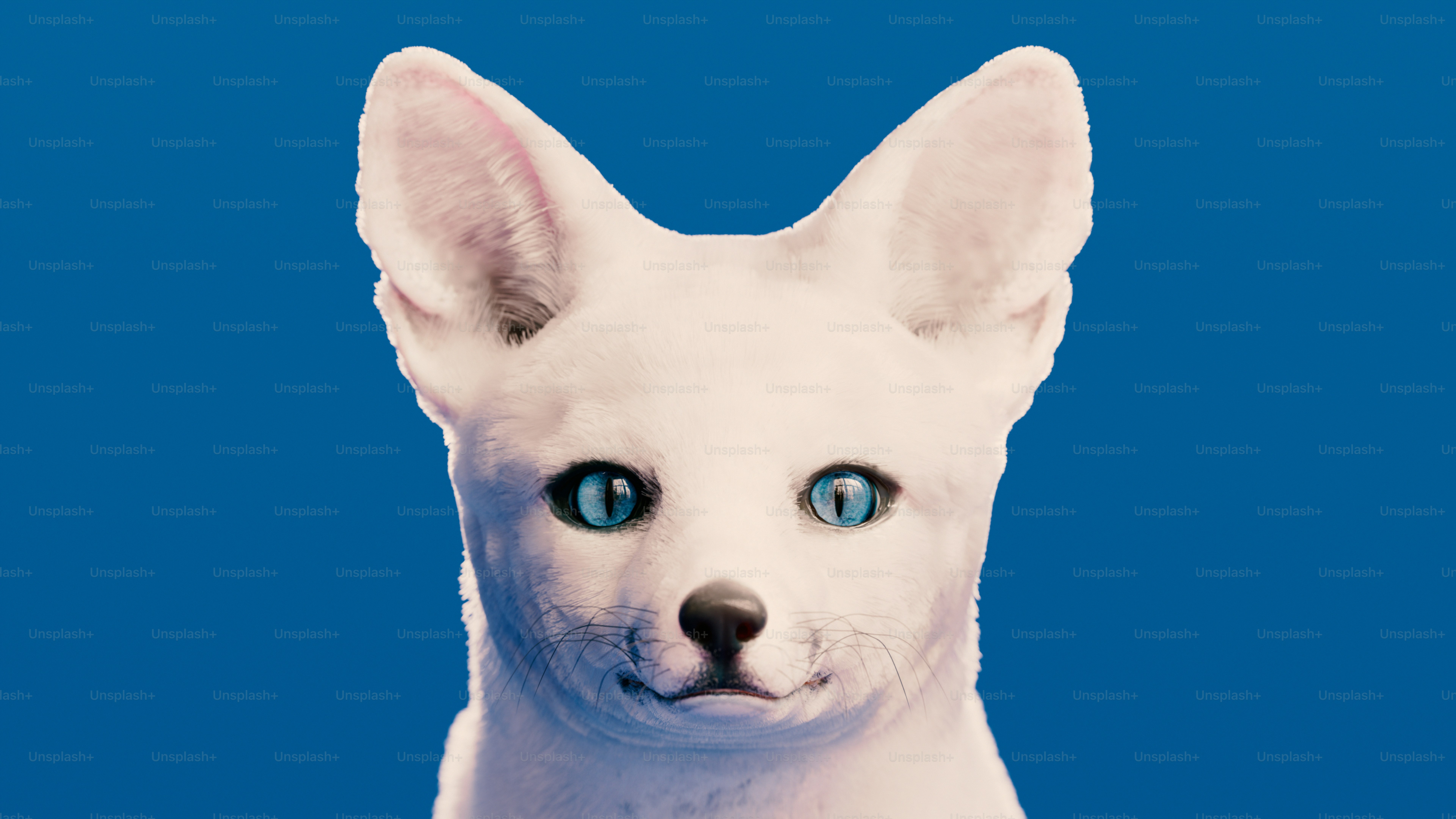 A white dog with blue eyes looking at the camera