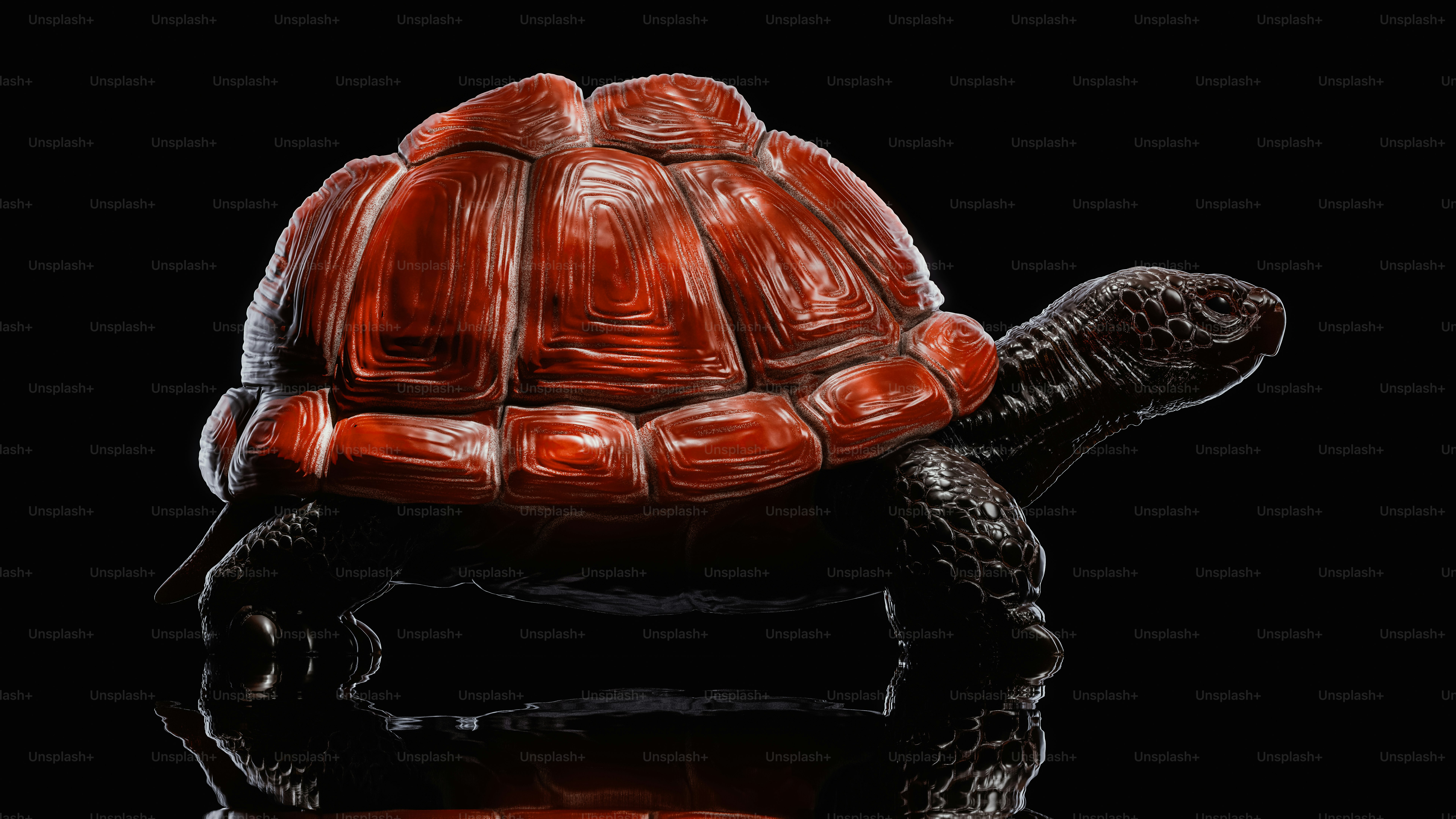 A red turtle sitting on top of a black surface