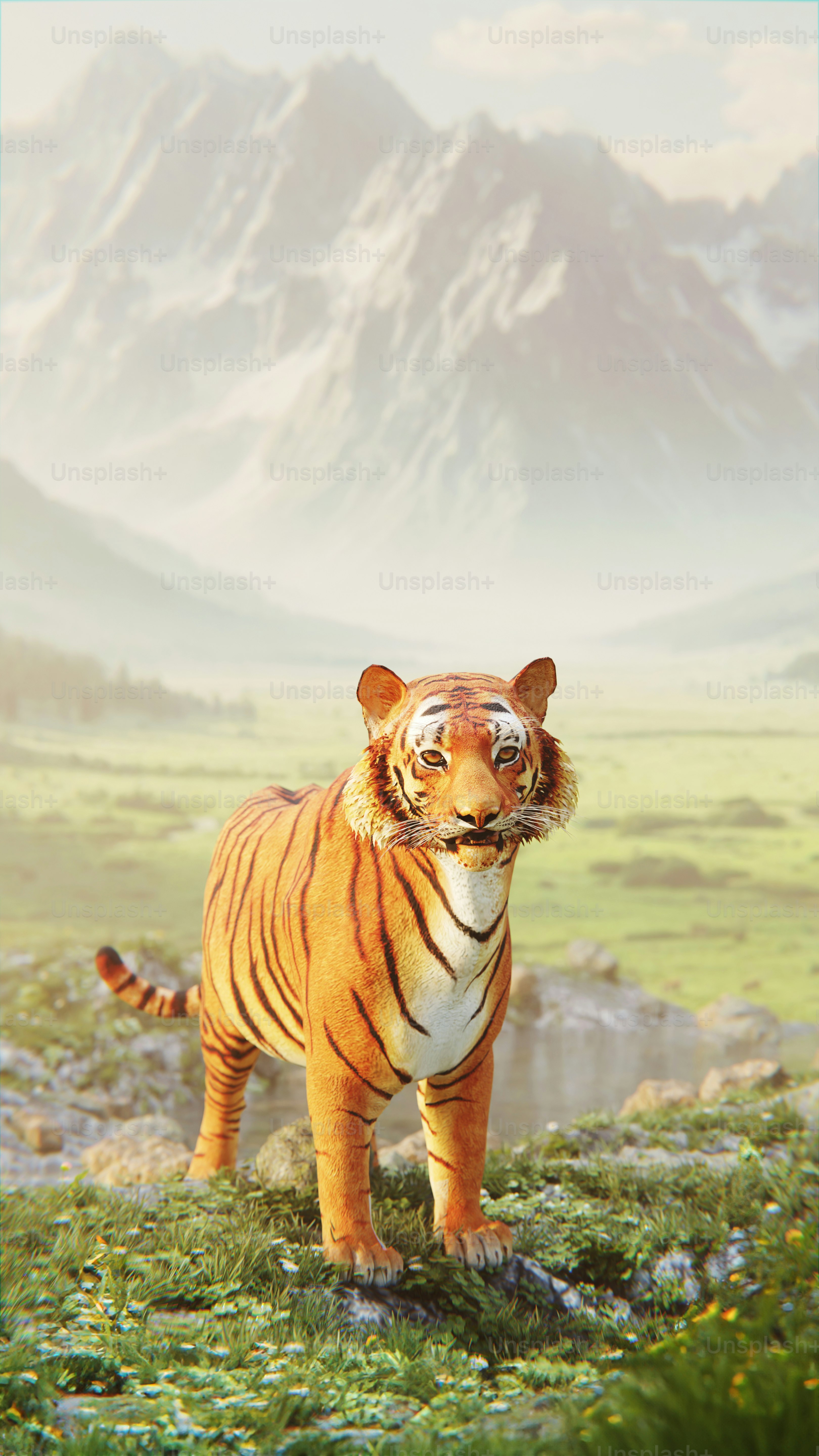 Majestic Tiger in a Serene Mountain Landscape