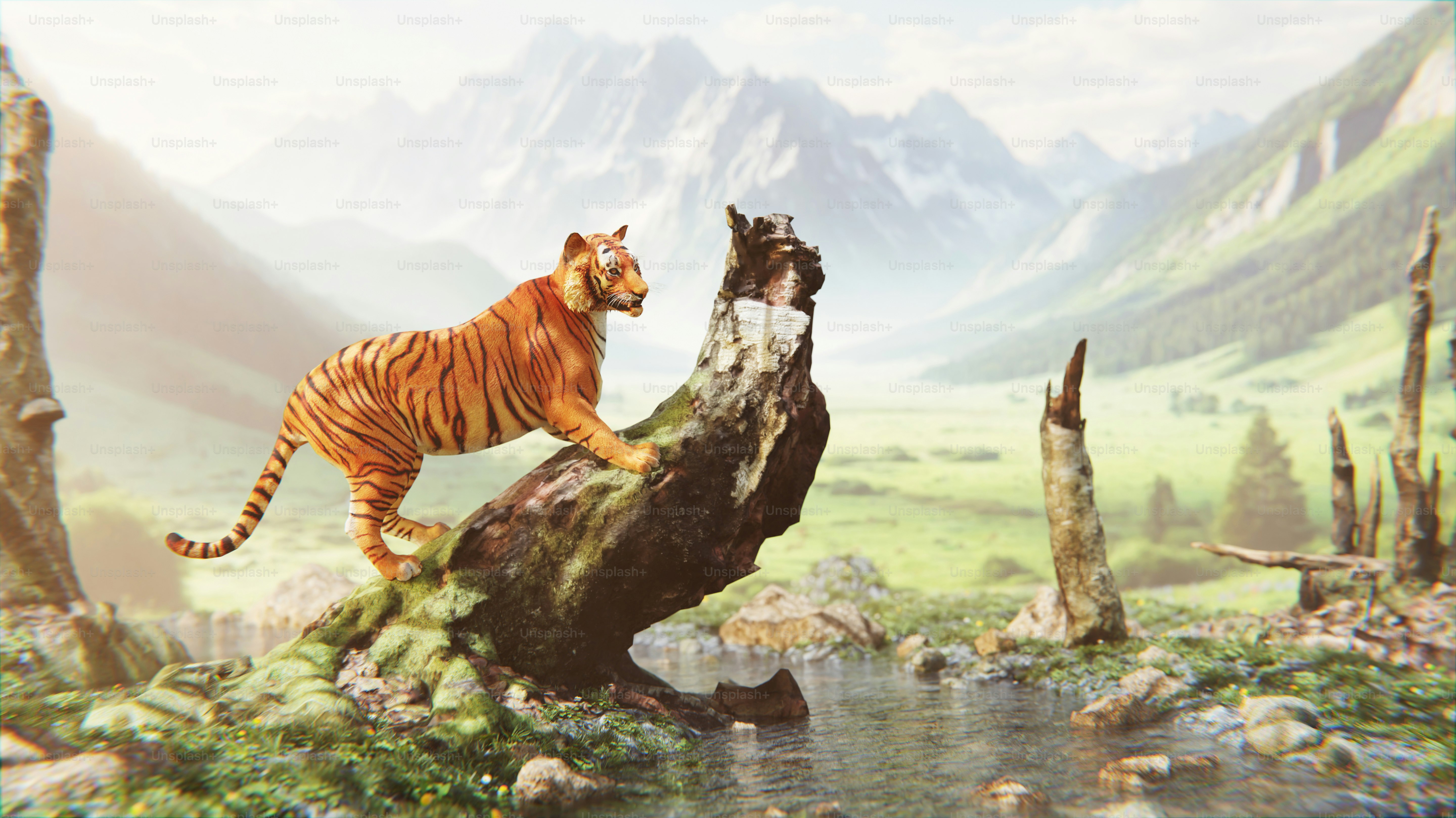 A vibrant tiger stands proudly on a moss-covered log, surrounded by mountainous terrain and serene water reflections.