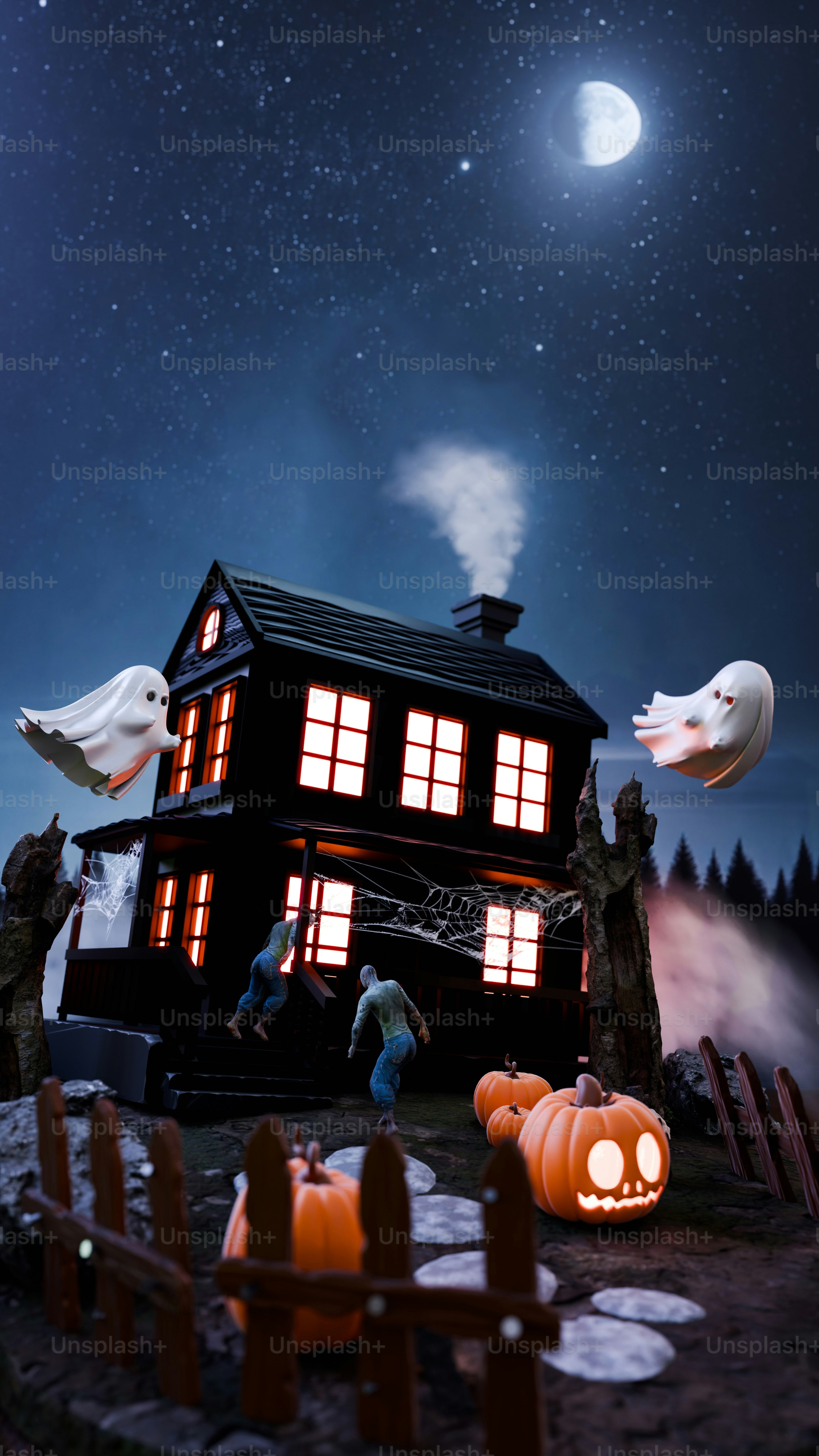 A halloween scene with a house and pumpkins