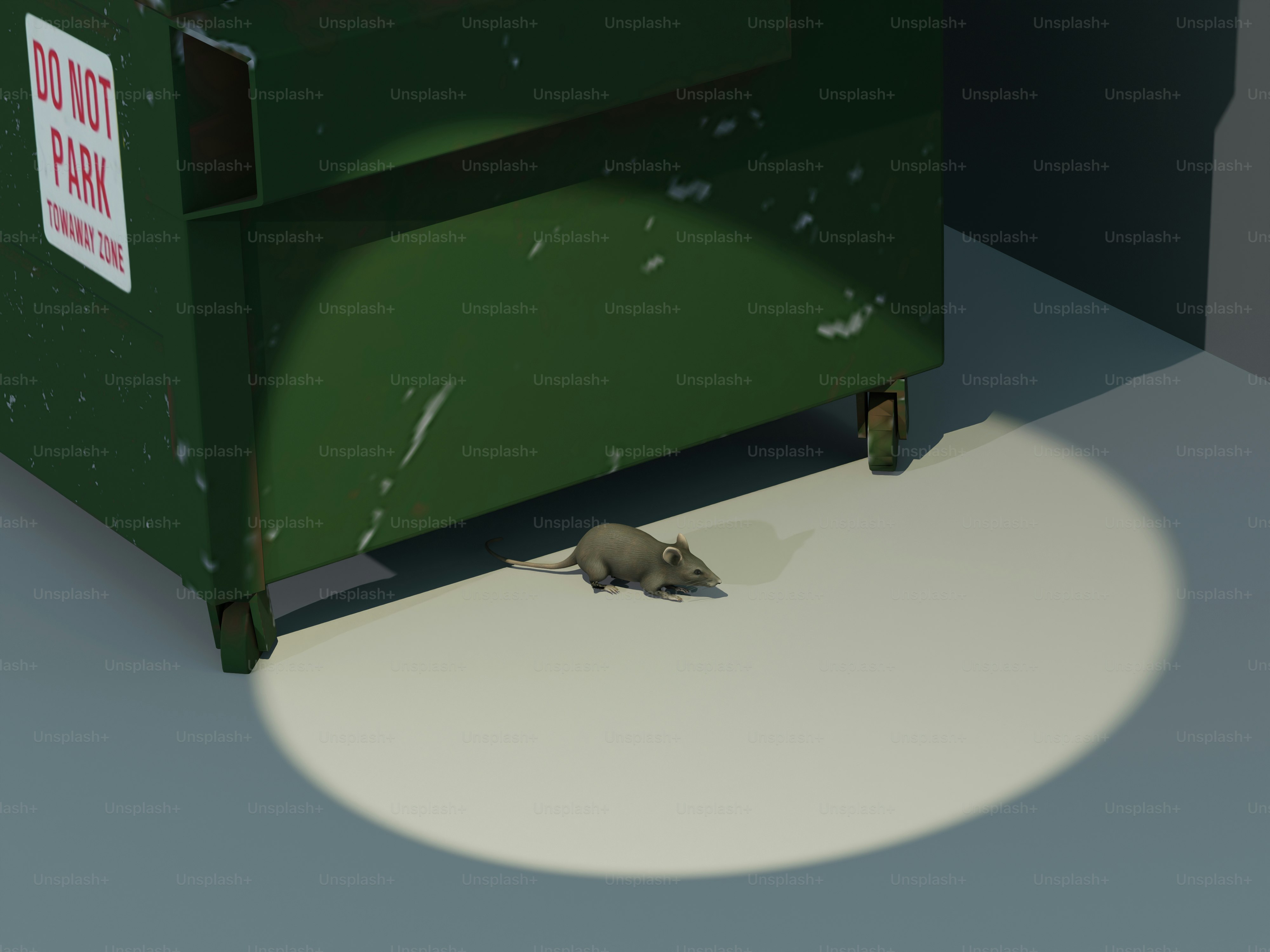 A computer generated image of a mouse in a trash can