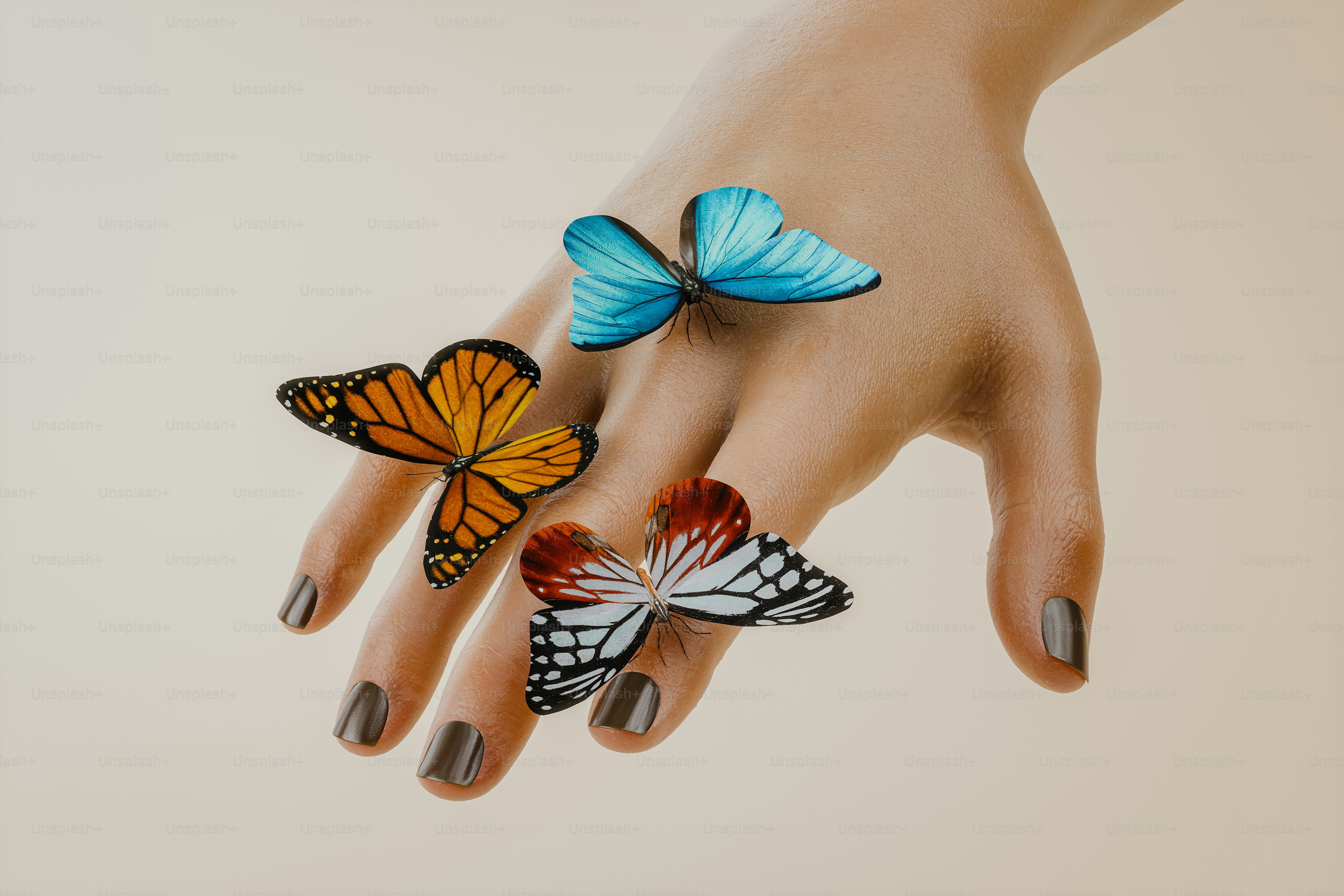 A woman's hand with two butterflies on it