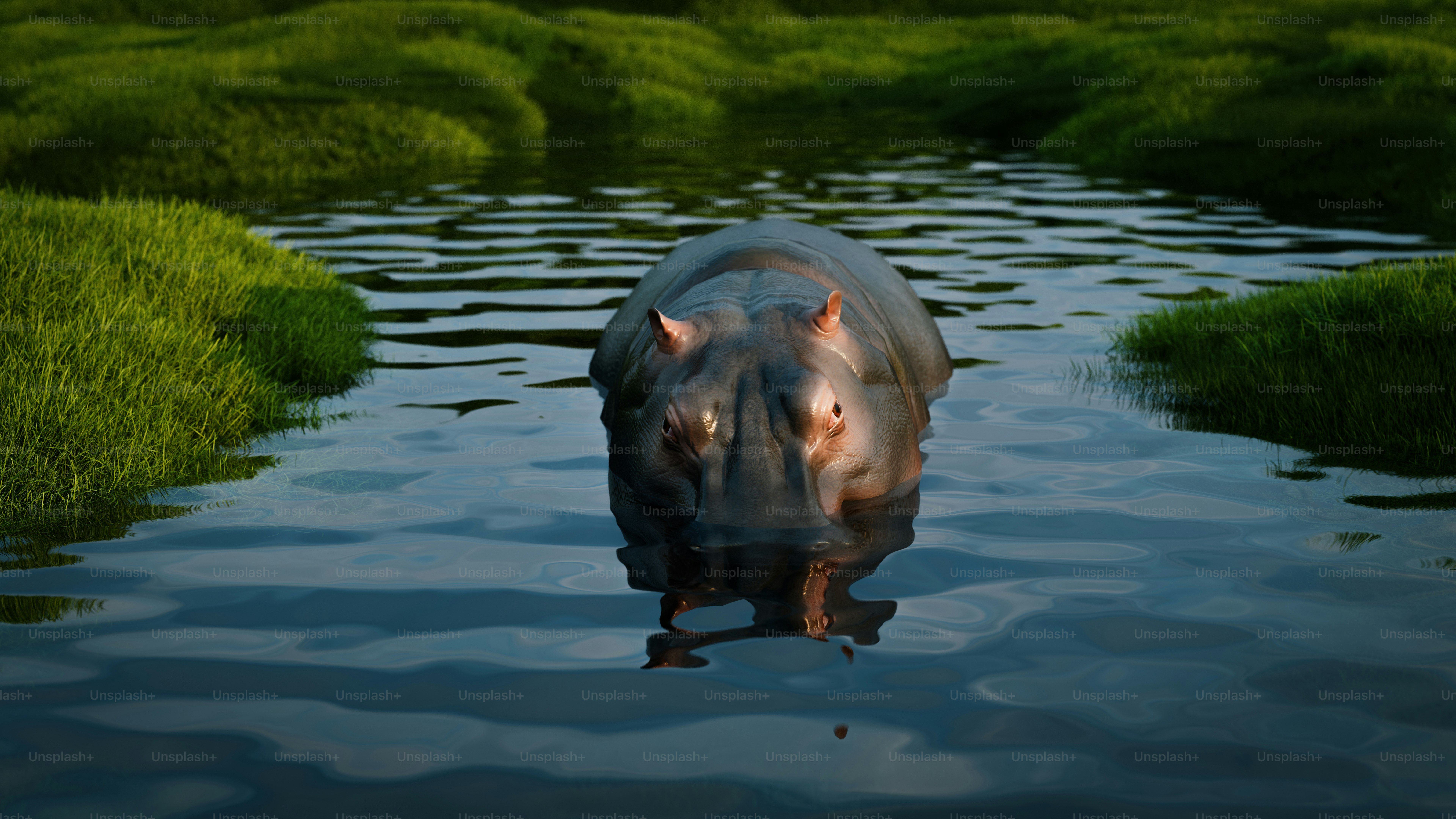 A hippopotamus swimming in a body of water
