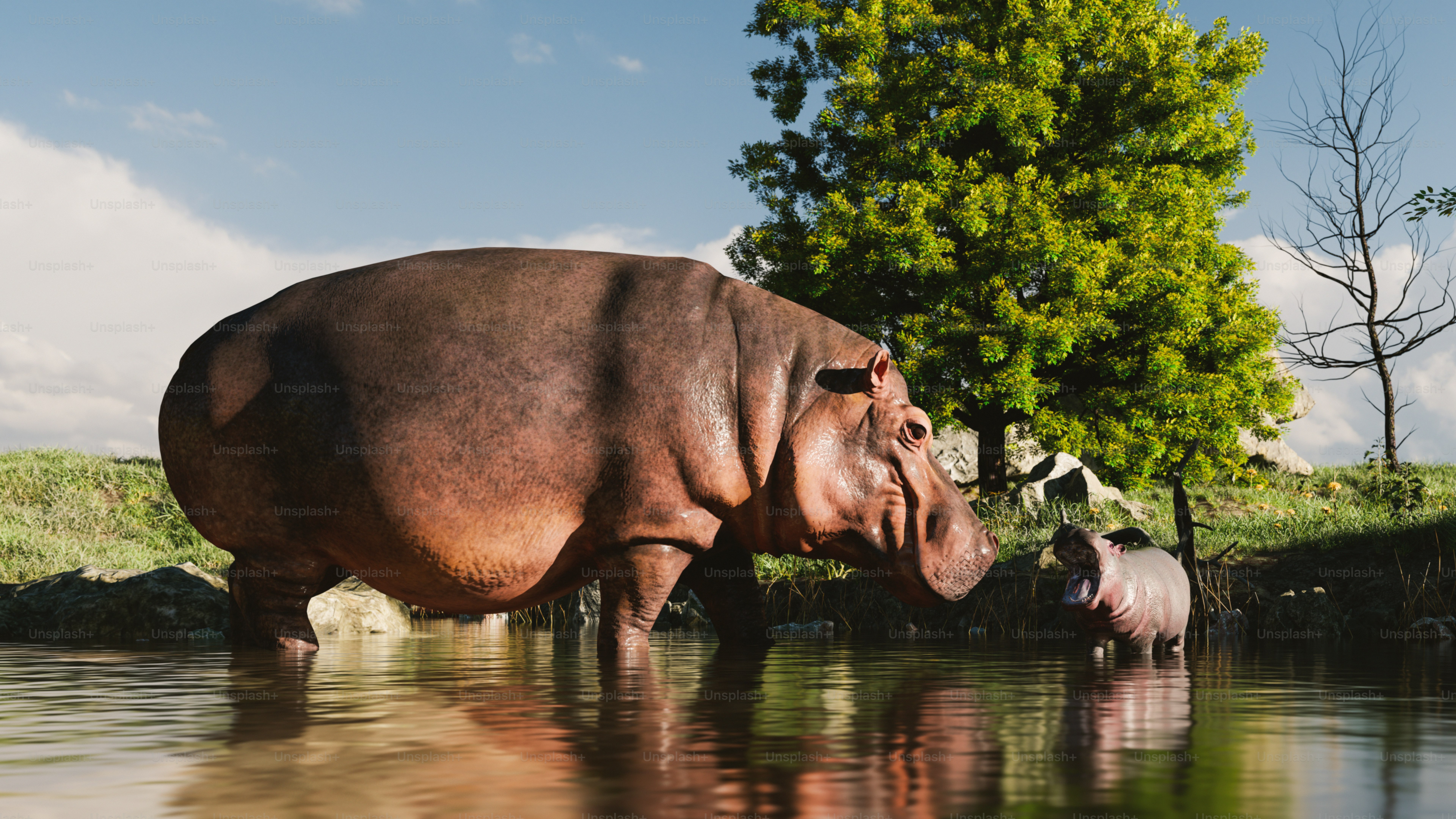 A hippopotamus standing in a body of water