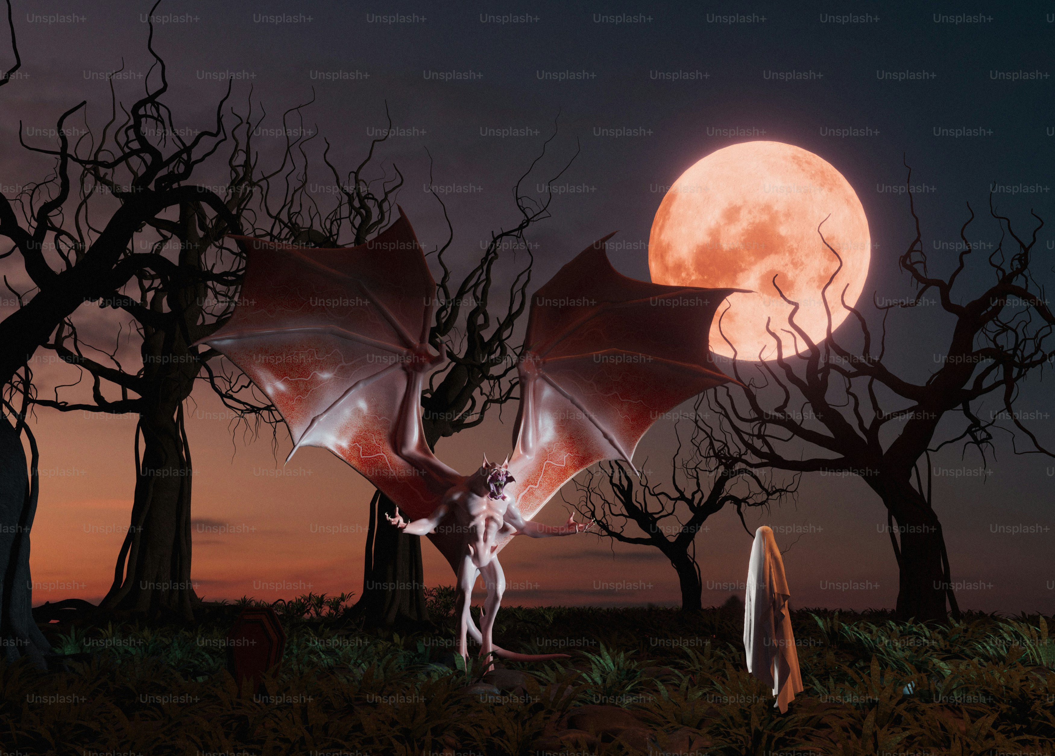 A couple of bats flying over a forest under a full moon