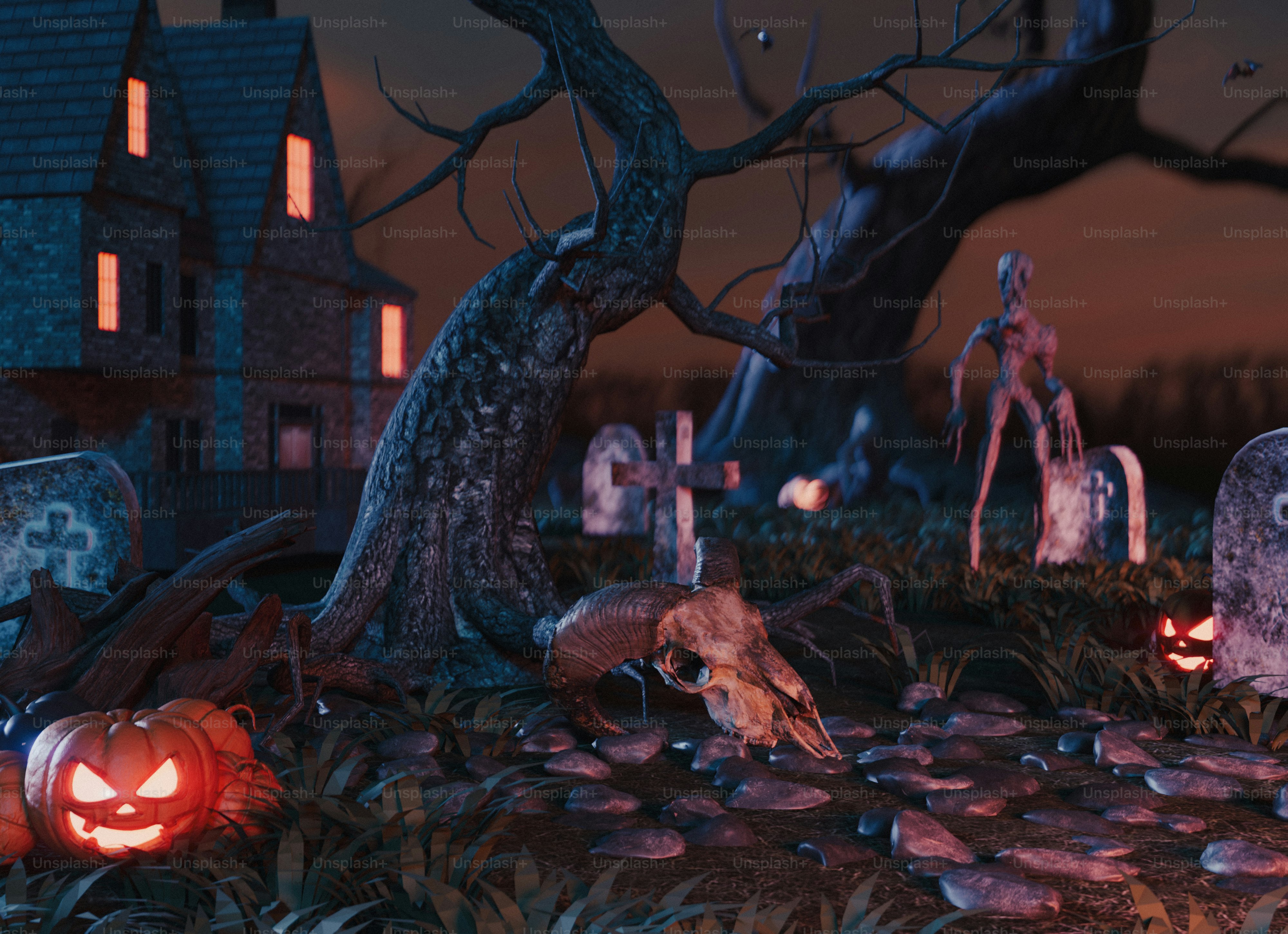 A halloween scene with pumpkins and carved heads