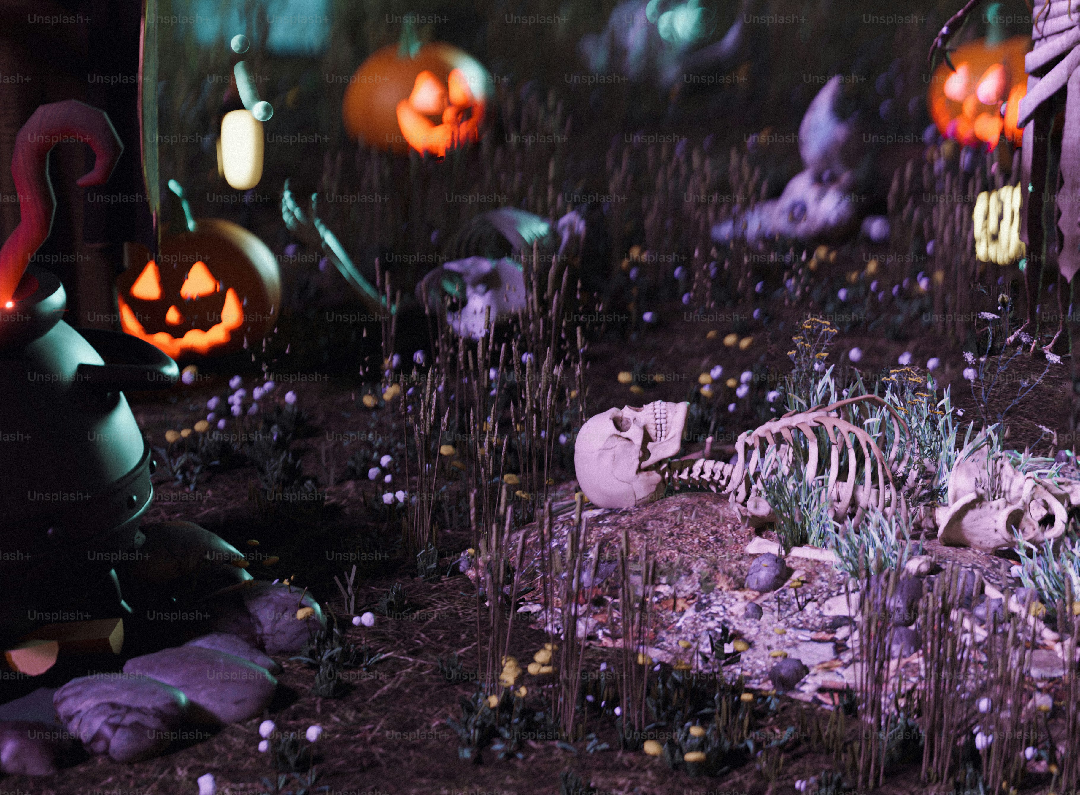 A halloween scene with pumpkins and skeletons