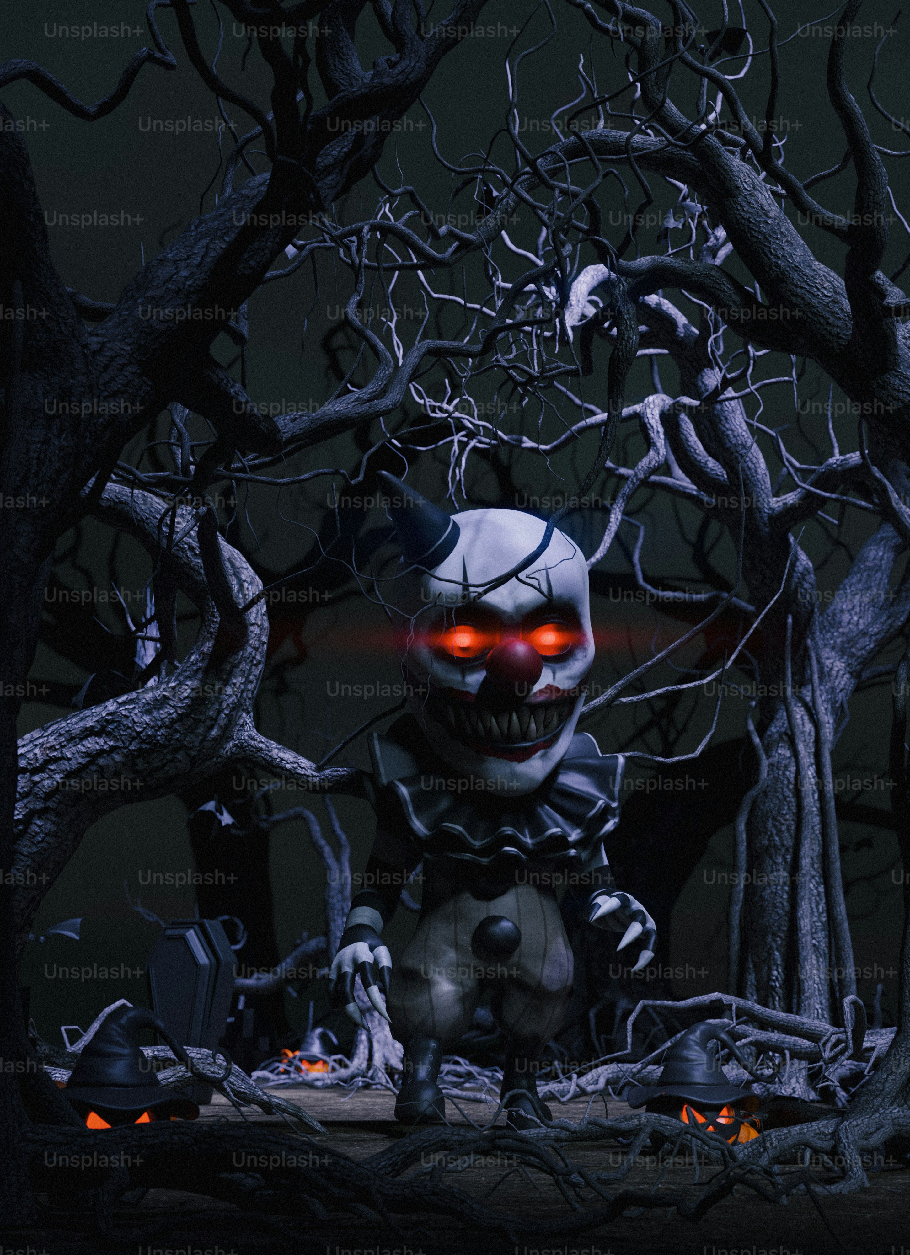 A creepy skeleton sitting in the middle of a forest