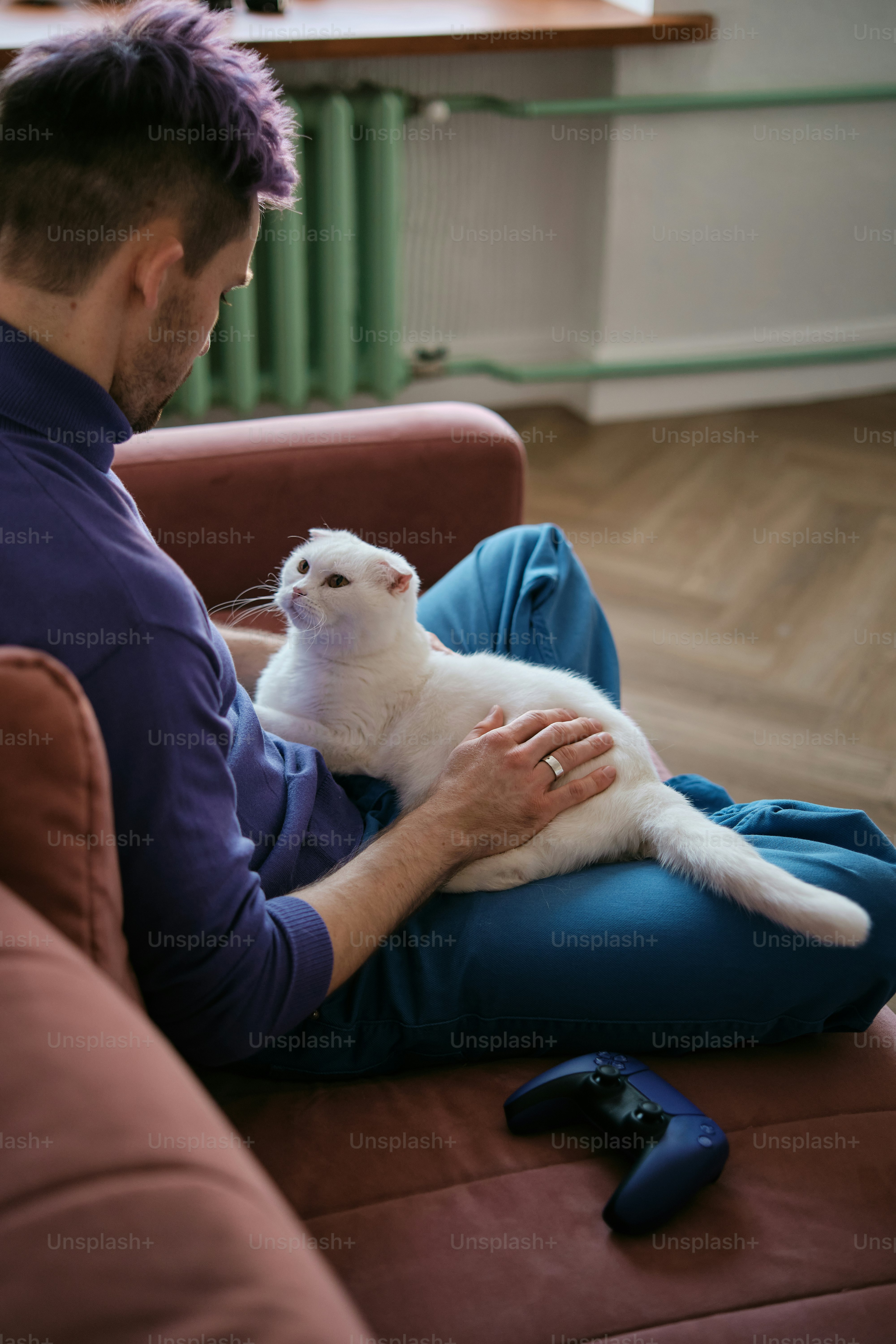 A man sitting on a couch holding a white cat