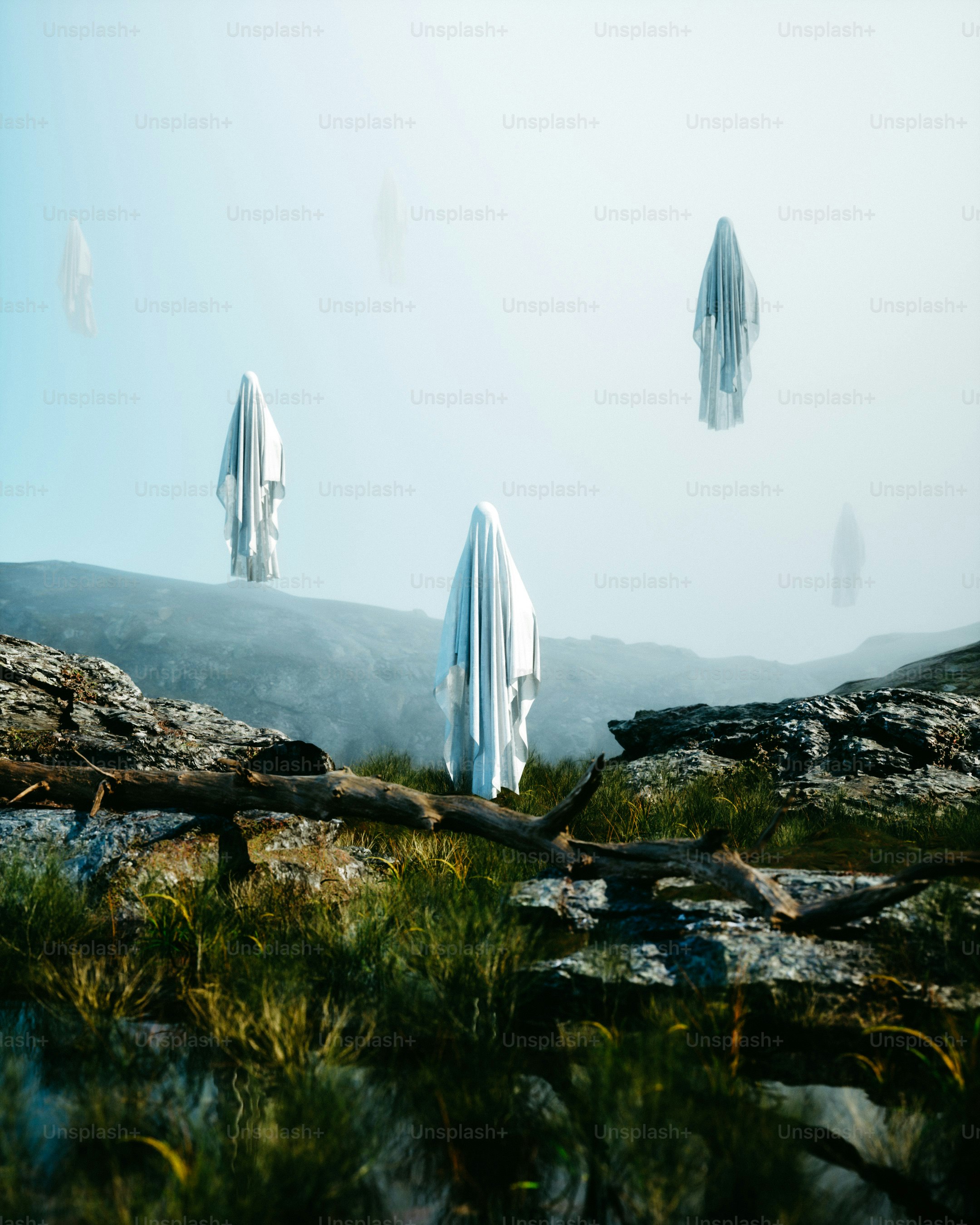 A group of white umbrellas floating in the air