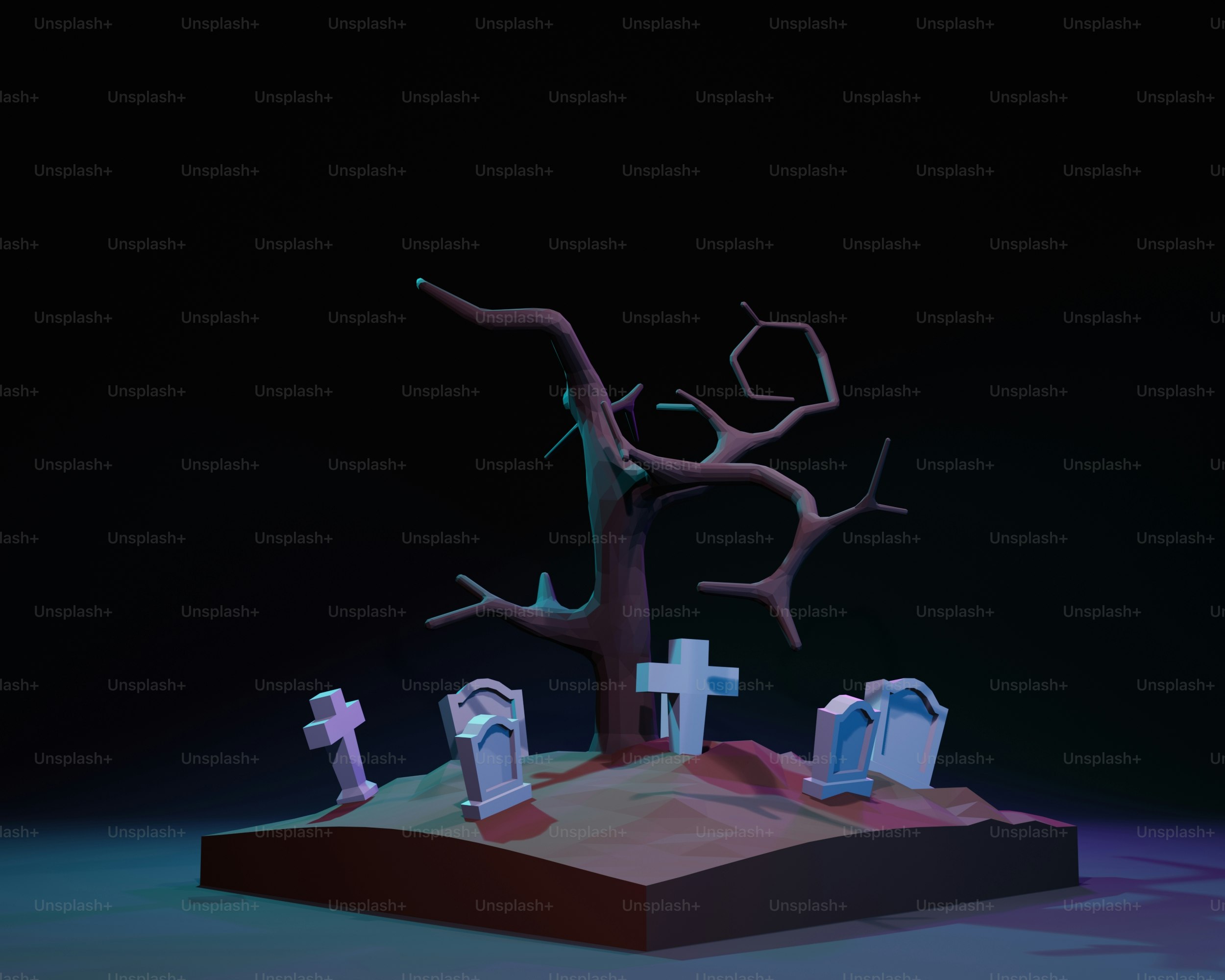 枯れ木と墓石のある墓地