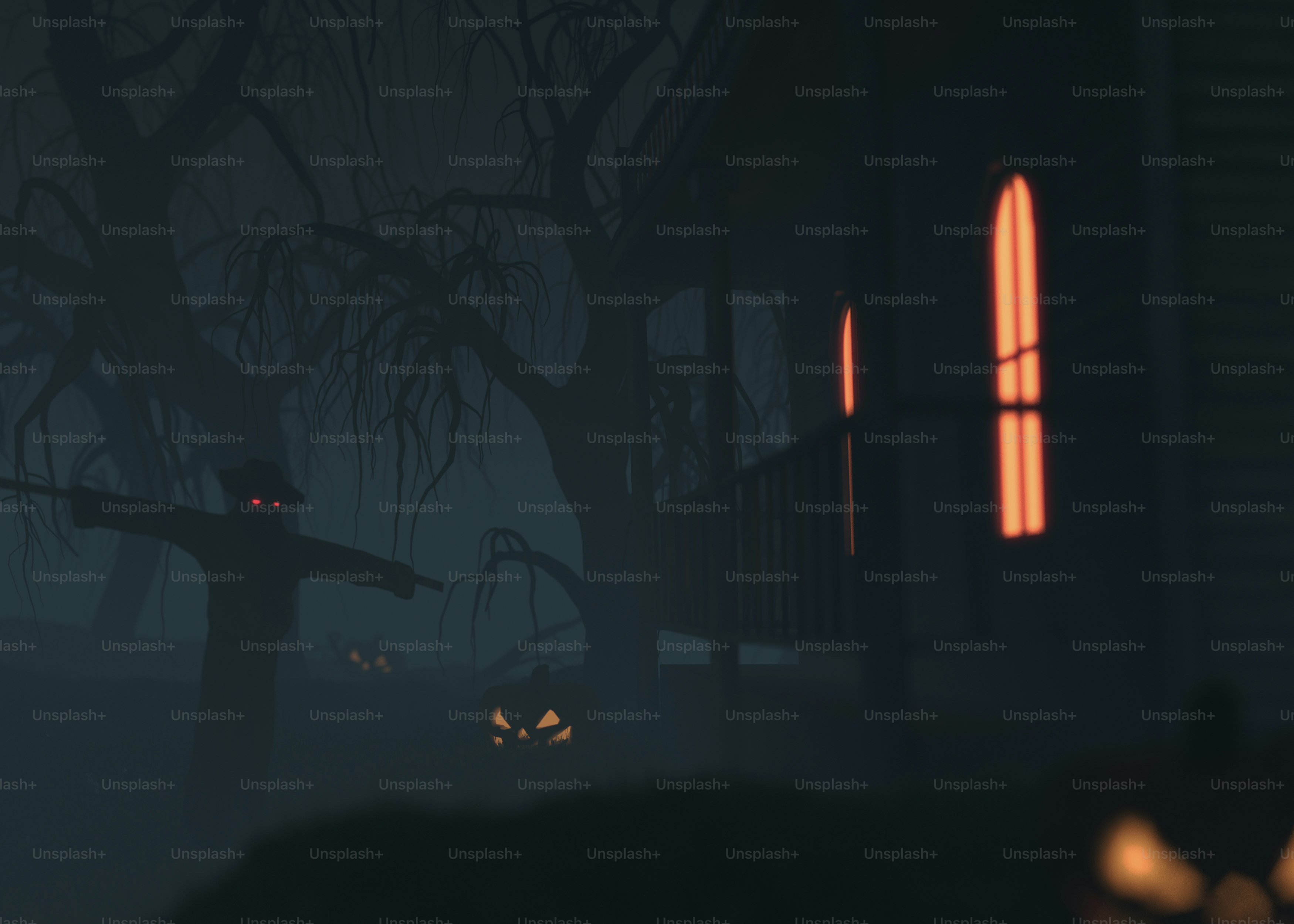 A creepy looking house with a creepy light in the window