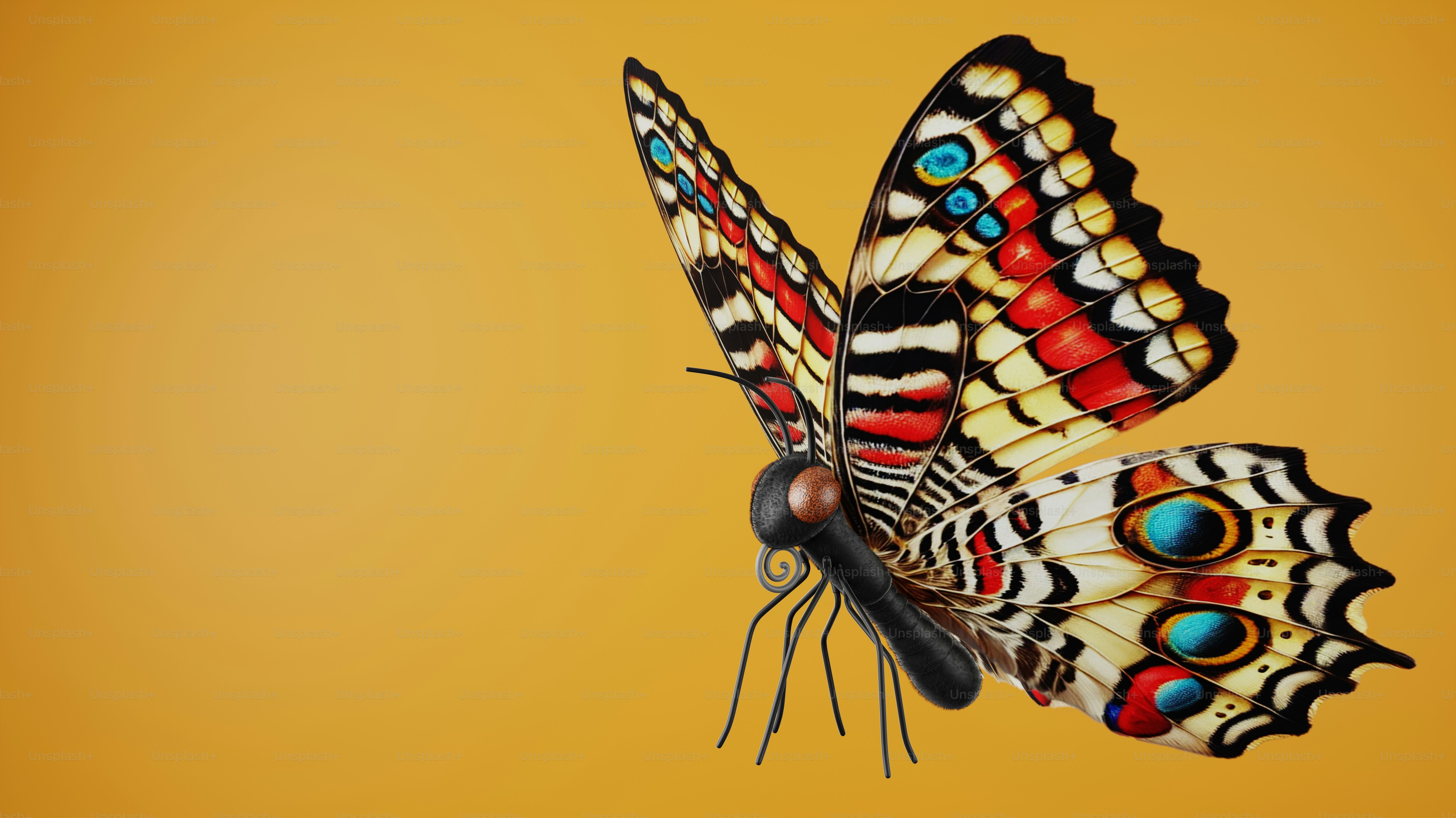 A vibrant butterfly with intricate patterns, showcasing rich colors against a smooth and cheerful yellow backdrop.