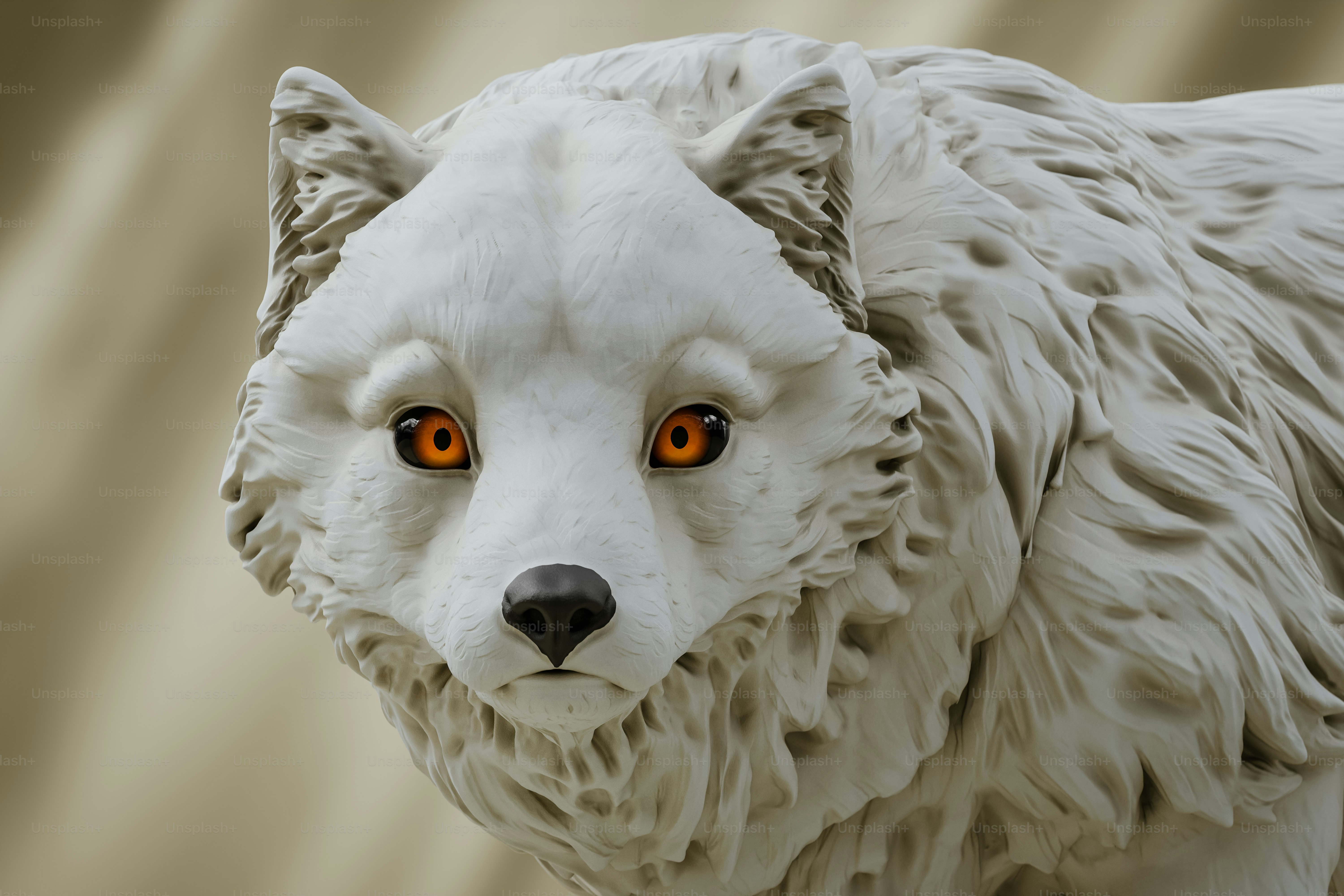 A statue of a white wolf with orange eyes