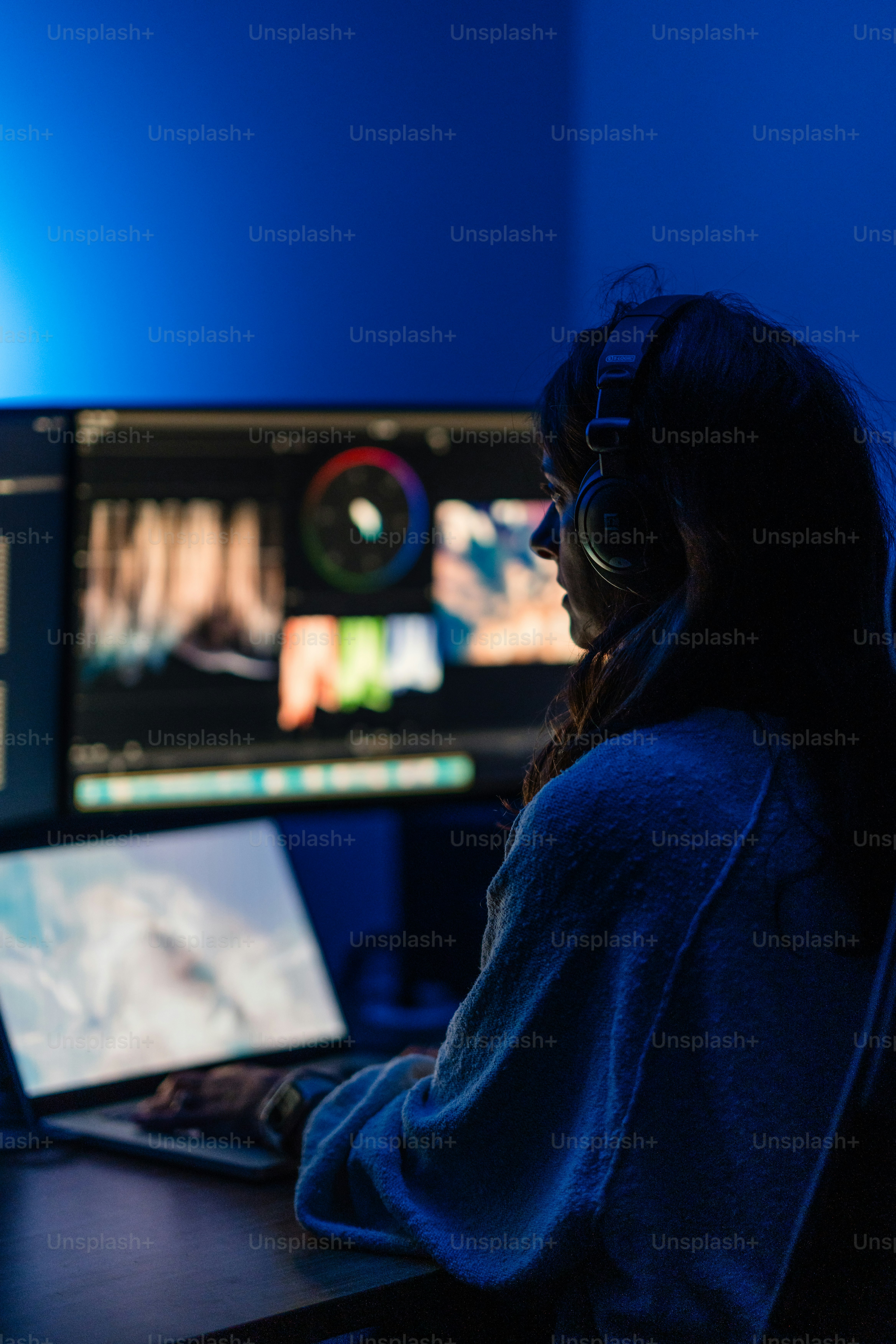 A woman sitting in front of two computer monitors